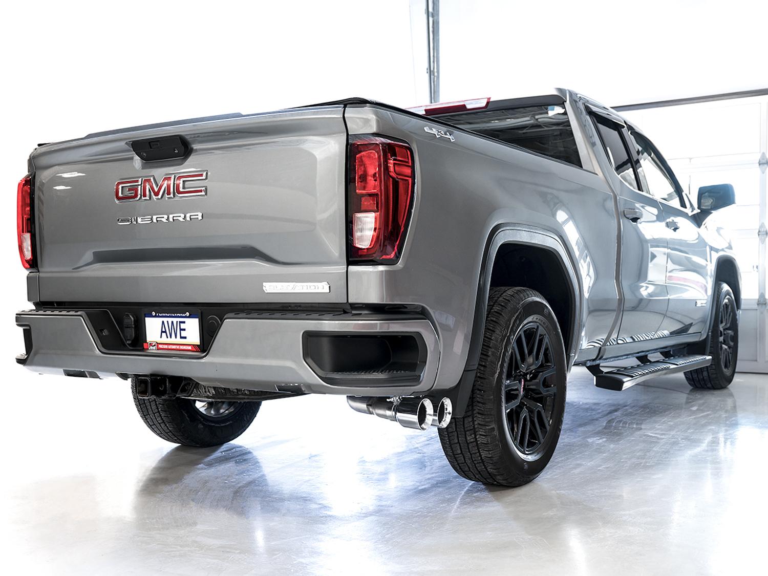 AWE 0FG Catback Dual Side Exit Exhaust for 4th Gen Silverado/Sierra 1500 5.3L (Flat Bumper) - Chrome Silver Tips - 3015-22207