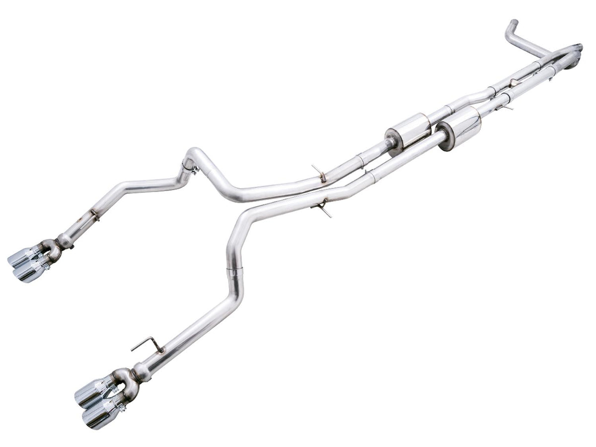 AWE 0FG Catback Split Rear Exit Exhaust for 4th Gen Silverado/Sierra 1500 6.2L (With Bumper Cutouts) - Quad Chrome Silver Tips - 3015-42203