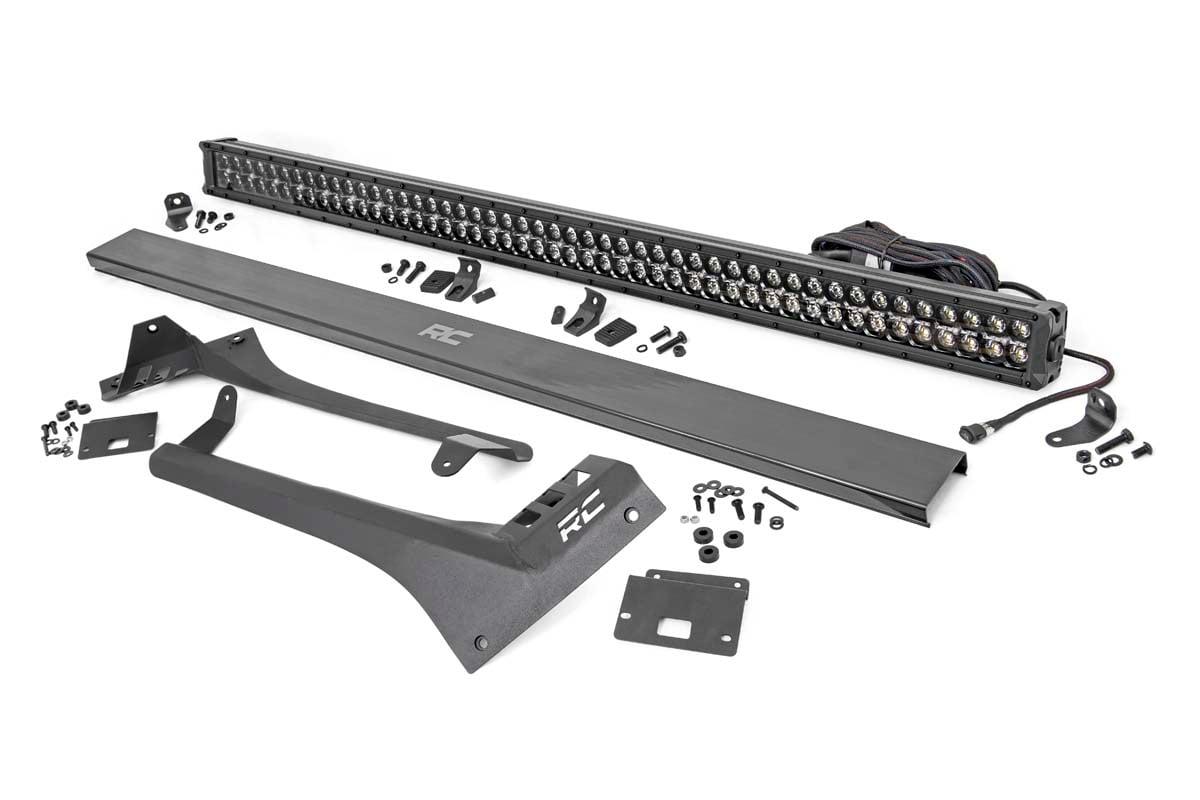 Rough Country Jeep 50-inch Straight LED Light Bar Upper Windshield Kit w/ Dual-Row Black Series LED; White DRL (2020 Gladiator JT, 18-20 Wrangler JL) - 70067
