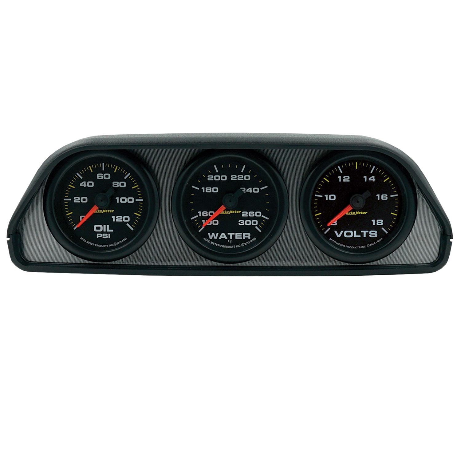 Auto Meter GAUGE KIT, DASH POD MOUNT, OILP/WTMP/VOLT, 2-1/16", 100PSI/300ºF/18V, BLK DIAL, BLK BZL, EEG - 7060