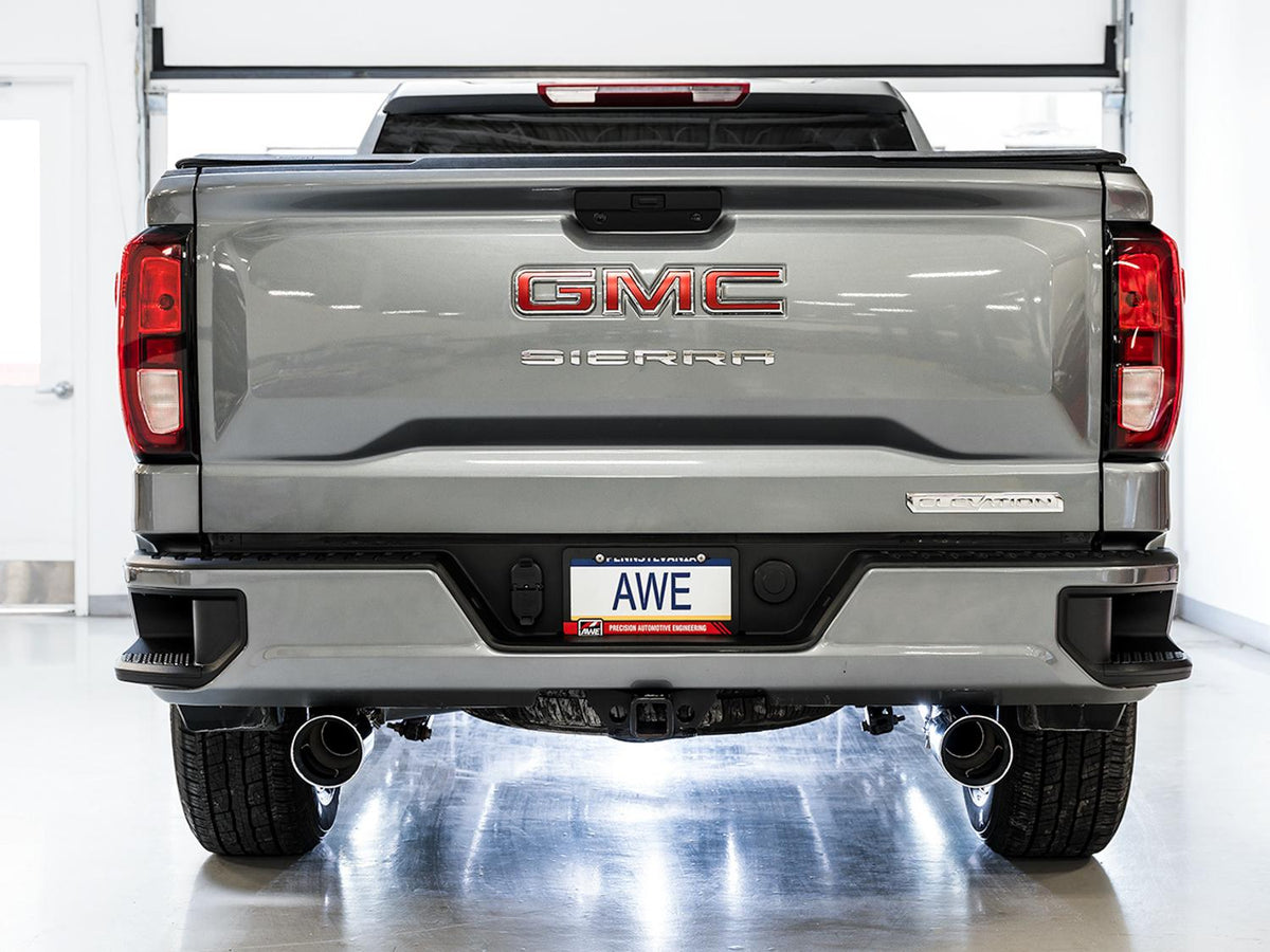 AWE 0FG Catback Split Rear Exit Exhaust for 4th Gen Silverado/Sierra 1500 5.3L (Flat Bumper) - Dual Chrome Silver Tips - 3015-32205