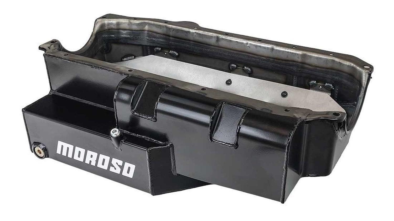 Moroso OIL PAN, SBC, PRE 85, 2 PC REAR MAIN, CIRCLE TRACK, SK MODIFIED, 8QT, STEEL, 6.50, INCH DEEP, W STARTER NOTCH - 21333