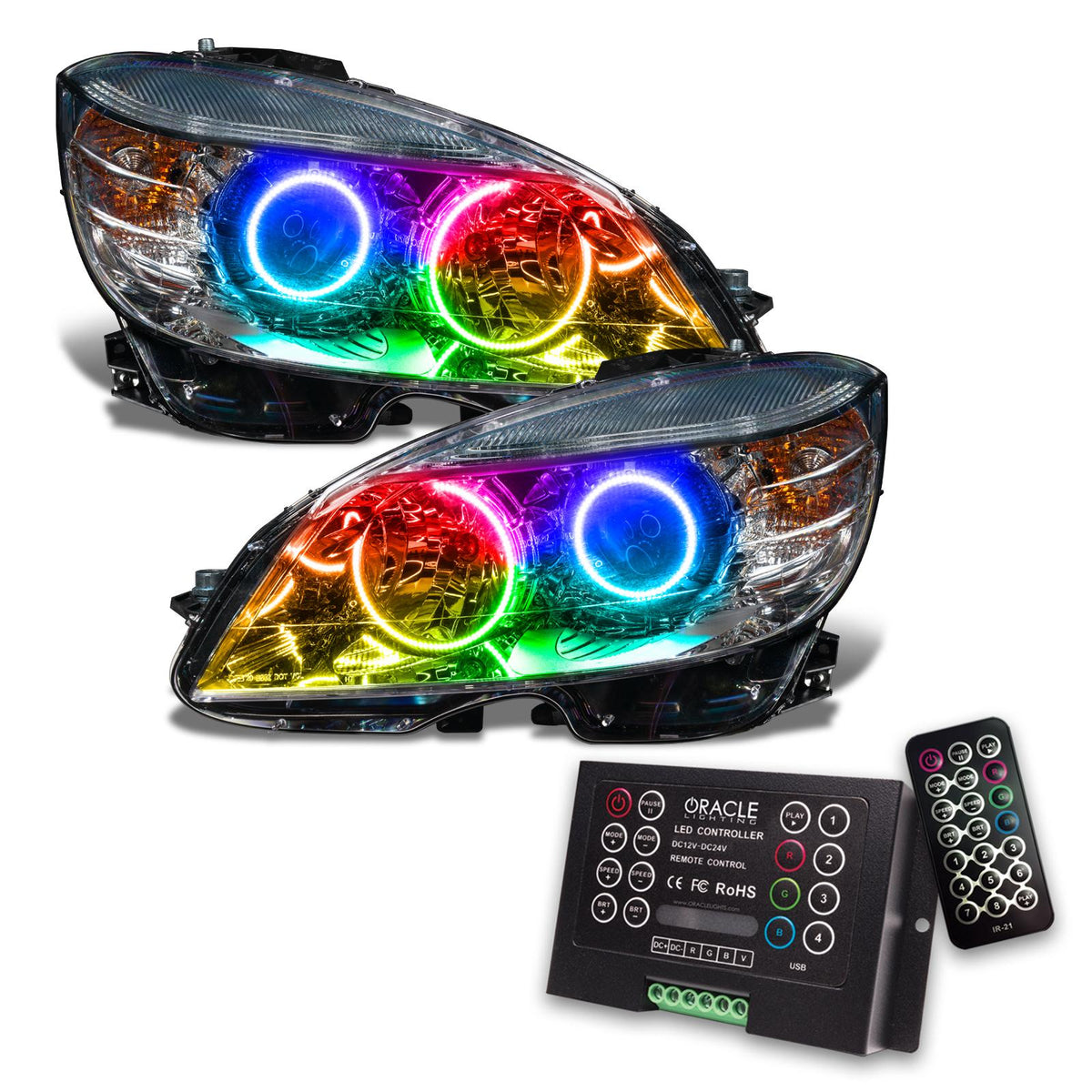Oracle Lighting Smd Pre-Assembled Headlights, Black Bezel, Colorshift 2.0 (2008-2011 C180, C200, C230, C250, C280, C300, C350, C63 AMG) - 7115-333