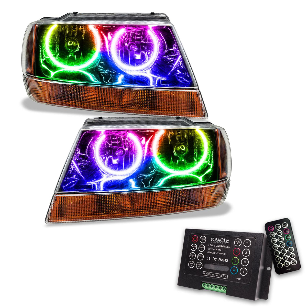 Oracle Lighting Smd Pre-Assembled Headlights, Black Bezel, Colorshift 2.0 (1999-2004 Grand Cherokee) - 7167-333