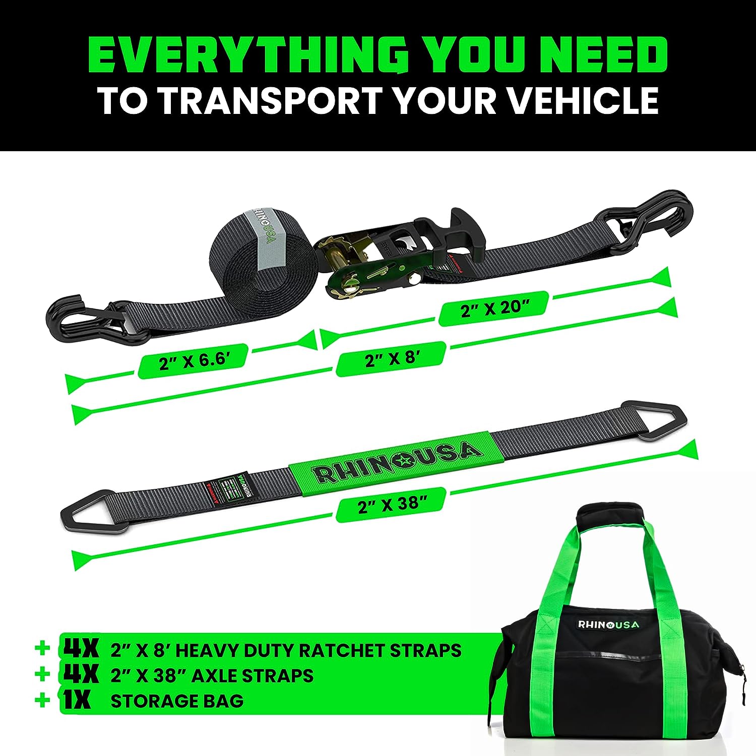 Rhino USA Rhino Usa Heavy Duty Vehicle Tie Down Kit - Black - 2IN-HDKIT