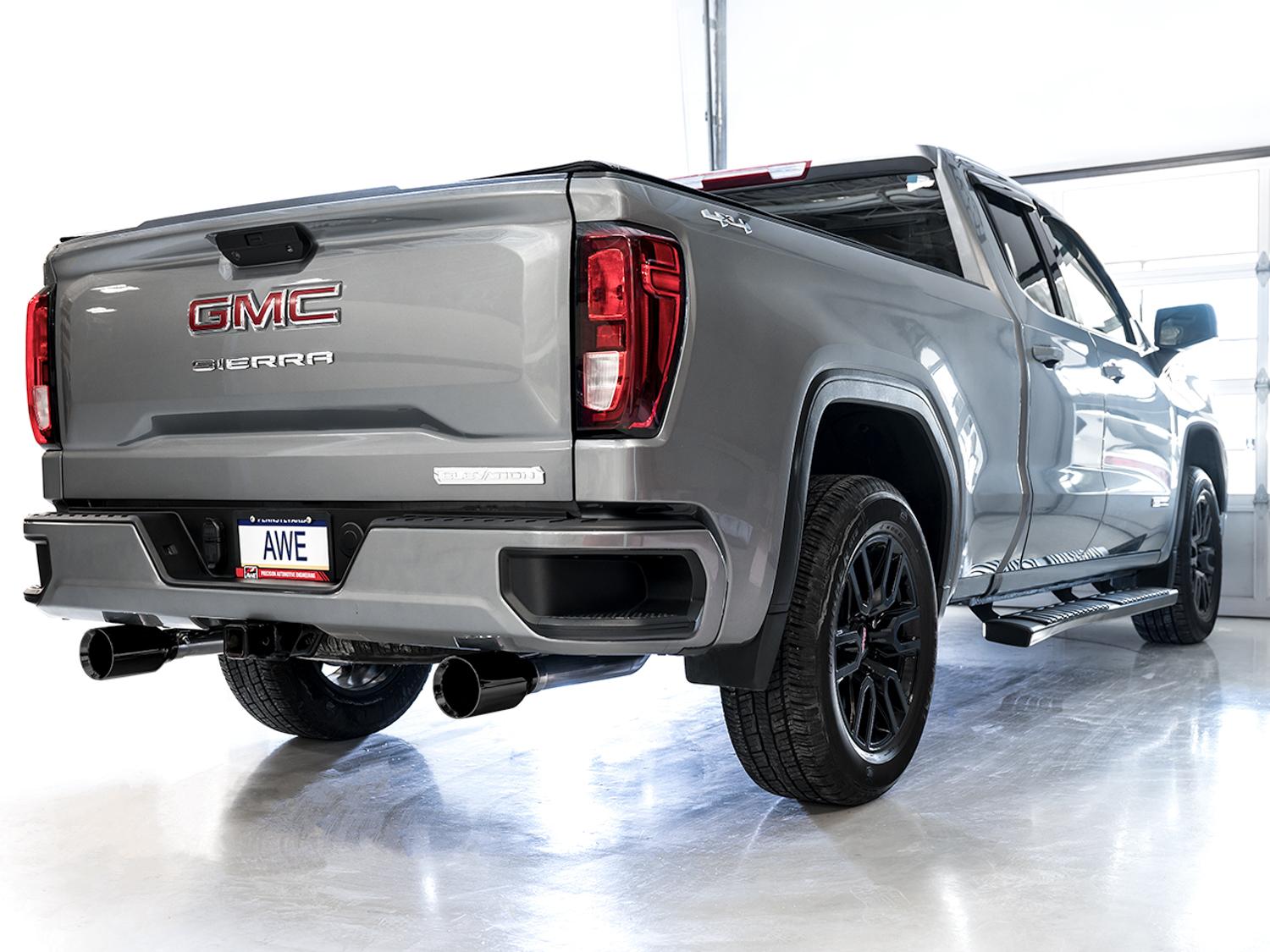 AWE 0FG Catback Split Rear Exit Exhaust for 4th Gen Silverado/Sierra 1500 5.3L (Flat Bumper) - Dual Diamond Black Tips - 3015-33206