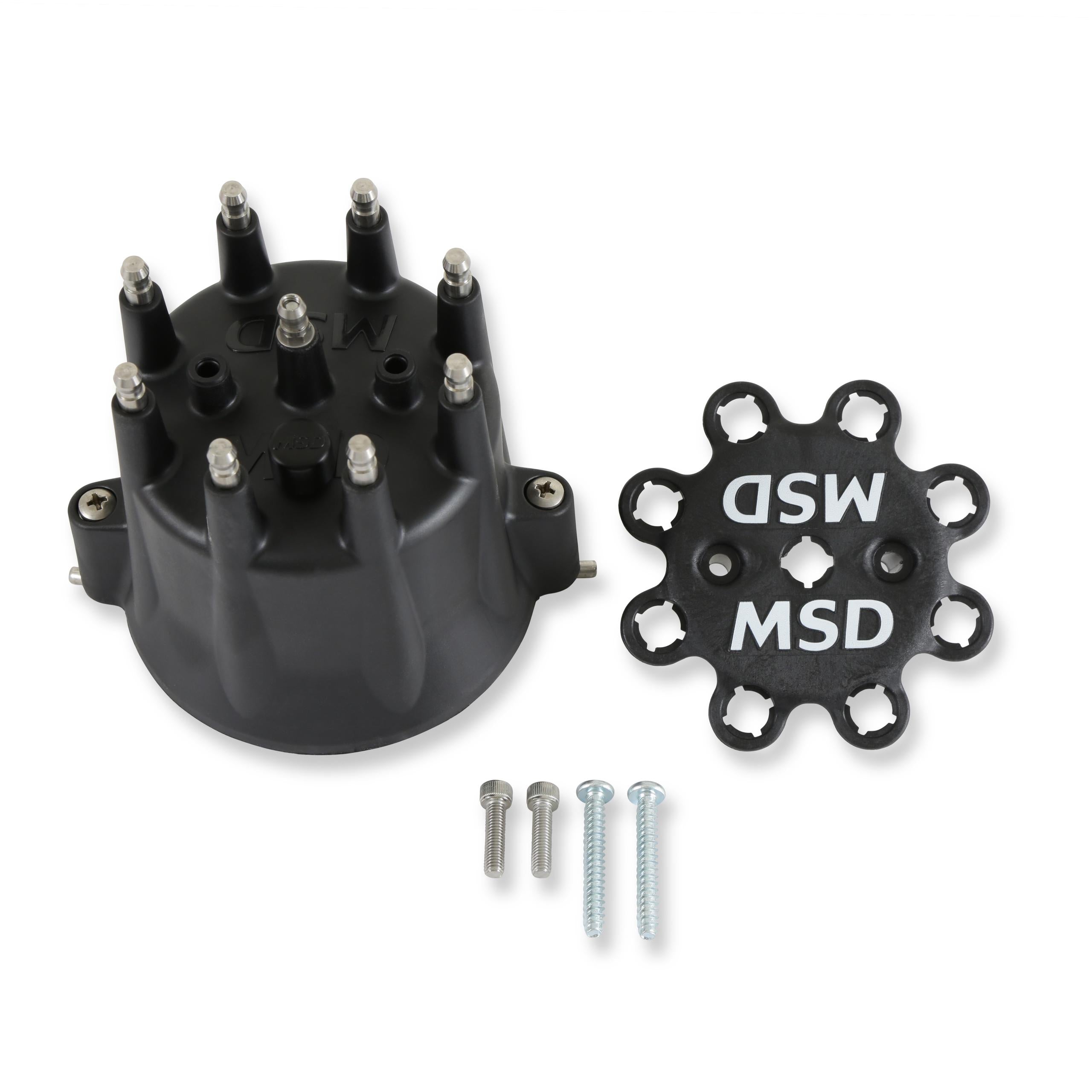 Black, V8 Distributor Cap with HEI Terminals and Spark Plug Wire Retainer.  - 84333