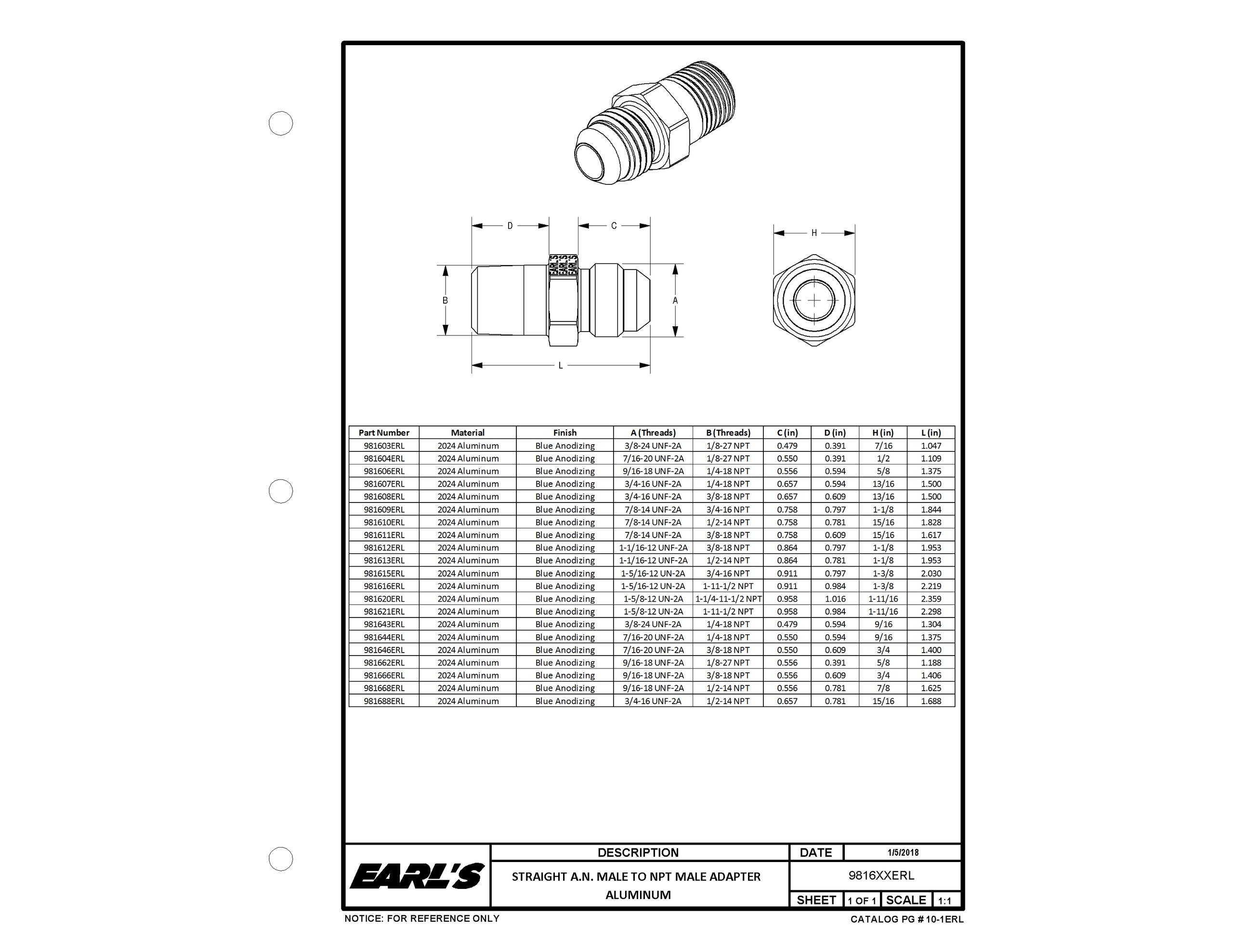 Earls Straight Aluminum An To Npt Adapter - Size: -6An Male To 1/8 In. Npt Male - Anodized Blue - Bagged Packaging - 981662ERL