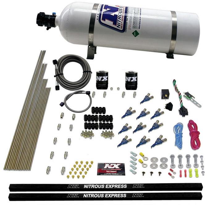 Nitrous Express 10-Cyl Piranha Nozzle Direct Port System W/ 15Lb Bottle (250-500Hp) - 81000EFI-15