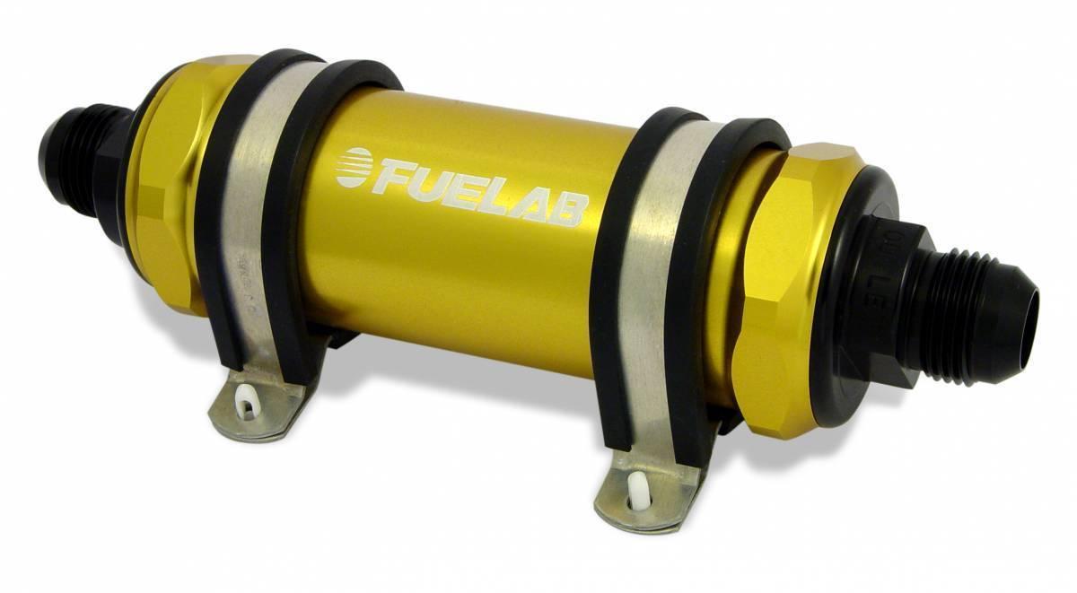 Fuelab In-Line Fuel Filter Long Length -8AN Inlet/Outlet 10 Micron Replaceable Fabric Element Gold - 82802-5