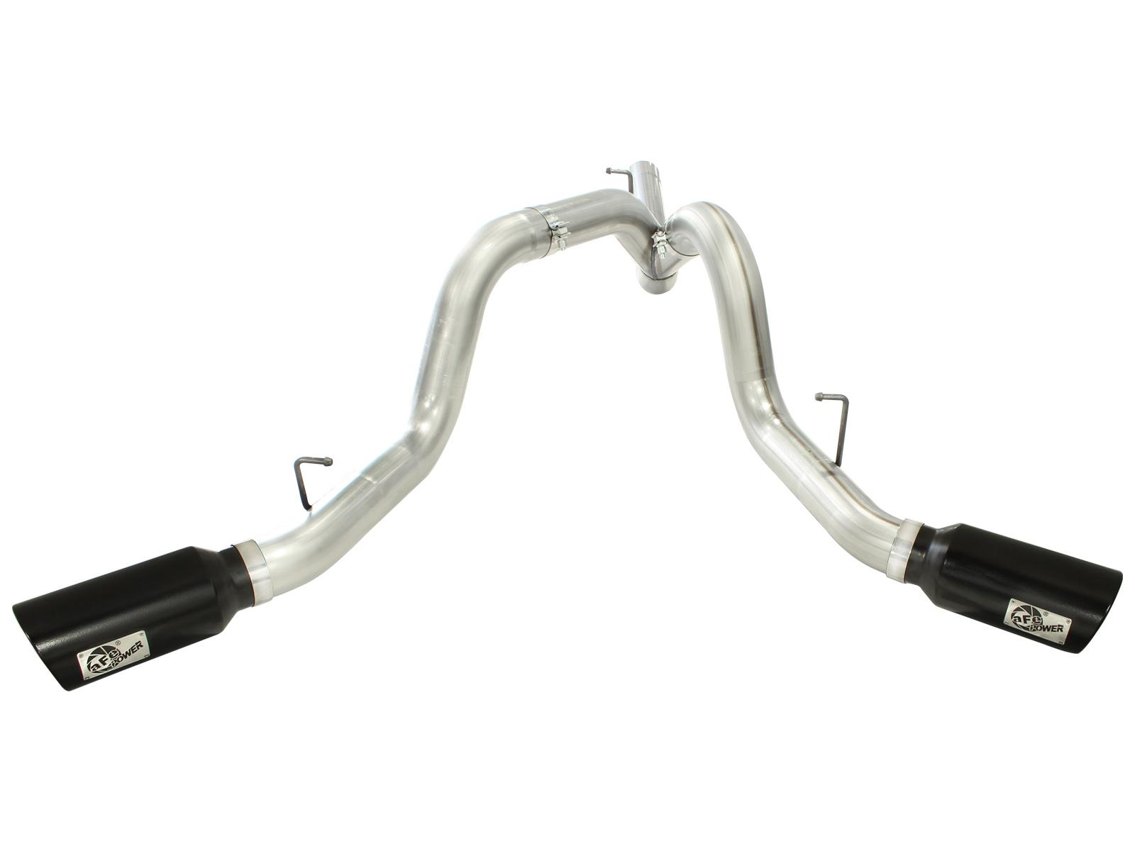 AFE Large Bore-HD 4 IN 409 Stainless Steel DPF-Back Exhaust System w/ Dual Black Tip (2011-2016 Silverado 2500 HD, Silverado 3500 HD, Sierra 2500 HD, Sierra 3500 HD) - 49-44043-B