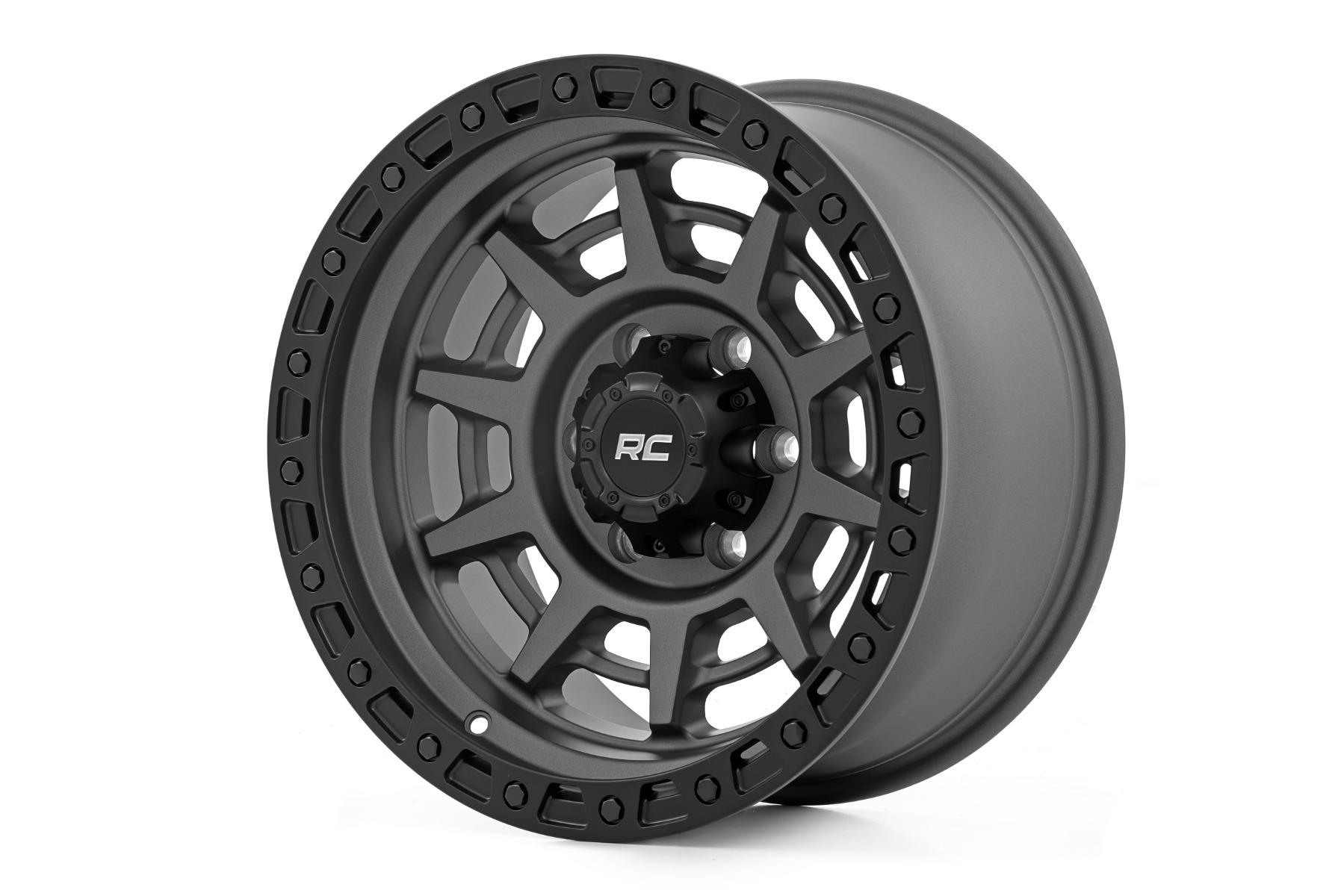 Rough Country 85 Series Wheel Simulated Beadlock Gunmetal Gray/Black 17x9 5x4.5 -12mm (1960-1998 W100 Series, W100 Pickup, W100, Bronco II, Cherokee, Wagoneer, Pickup, Ranger, Wrangler, Comanche, Sonoma, Grand Cherokee, T100, Tacoma, B3000) - 85170913A