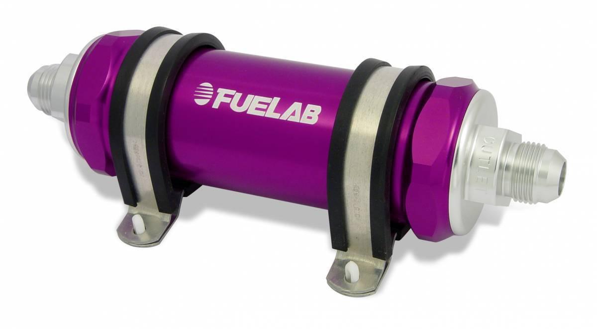 Fuelab In-Line Fuel Filter Long Length -8AN Inlet/Outlet 100 Micron Stainless Steel Element W/Check Valve Purple - 85821-4