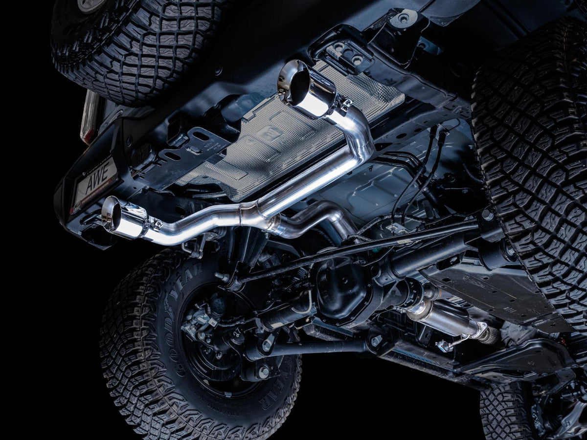 AWE 0FG 3" Catback Exhaust with BashGuard (2021-2025 Ford Bronco 2.3L / 2.7L) - Dual 4.5" Chrome Silver Tips - 3015-32456