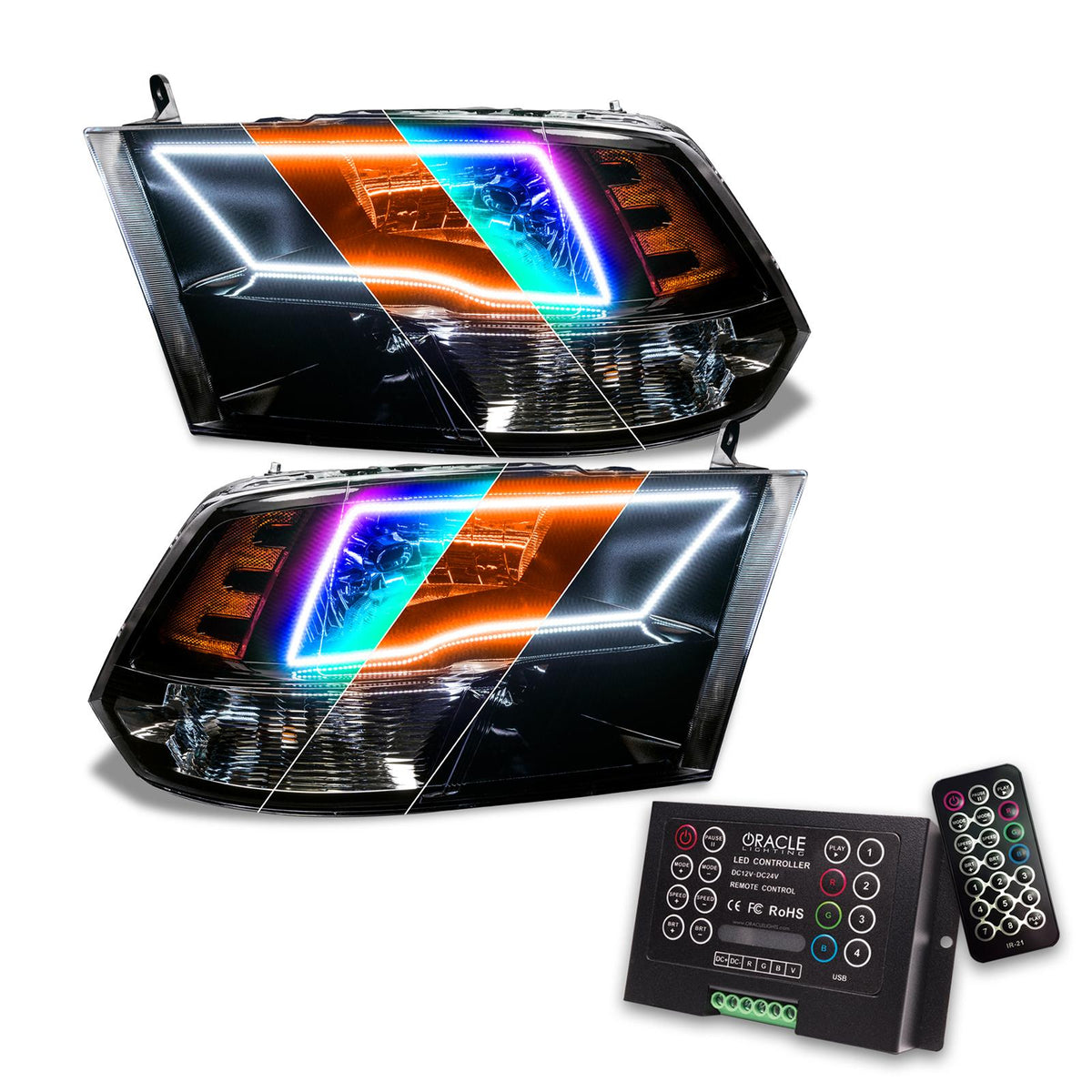 Oracle Lighting Pre-Assembled ColorSHIFT w/SWITCHBACK Halo Headlights - Black Housing (2009-2018 Ram 1500, 1500) - 8906-333
