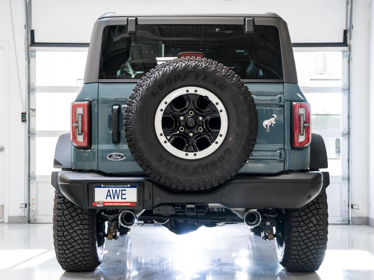 AWE 0FG 3" Catback Exhaust with BashGuard (2021-2025 Ford Bronco 2.3L / 2.7L) - Dual 4.5" Chrome Silver Tips - 3015-32456