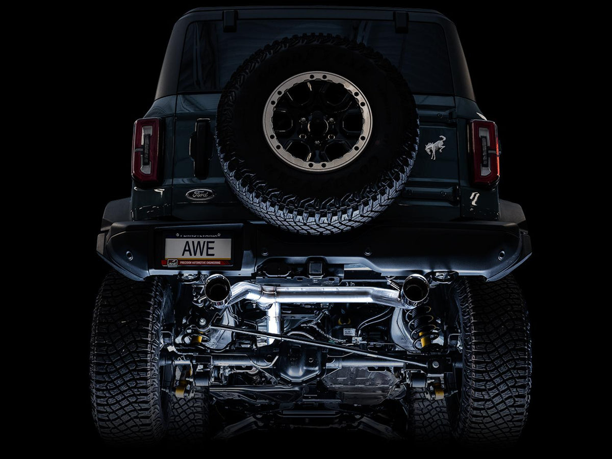 AWE 0FG 3" Catback Exhaust with BashGuard (2021-2025 Ford Bronco 2.3L / 2.7L) - Dual 4.5" Chrome Silver Tips - 3015-32456