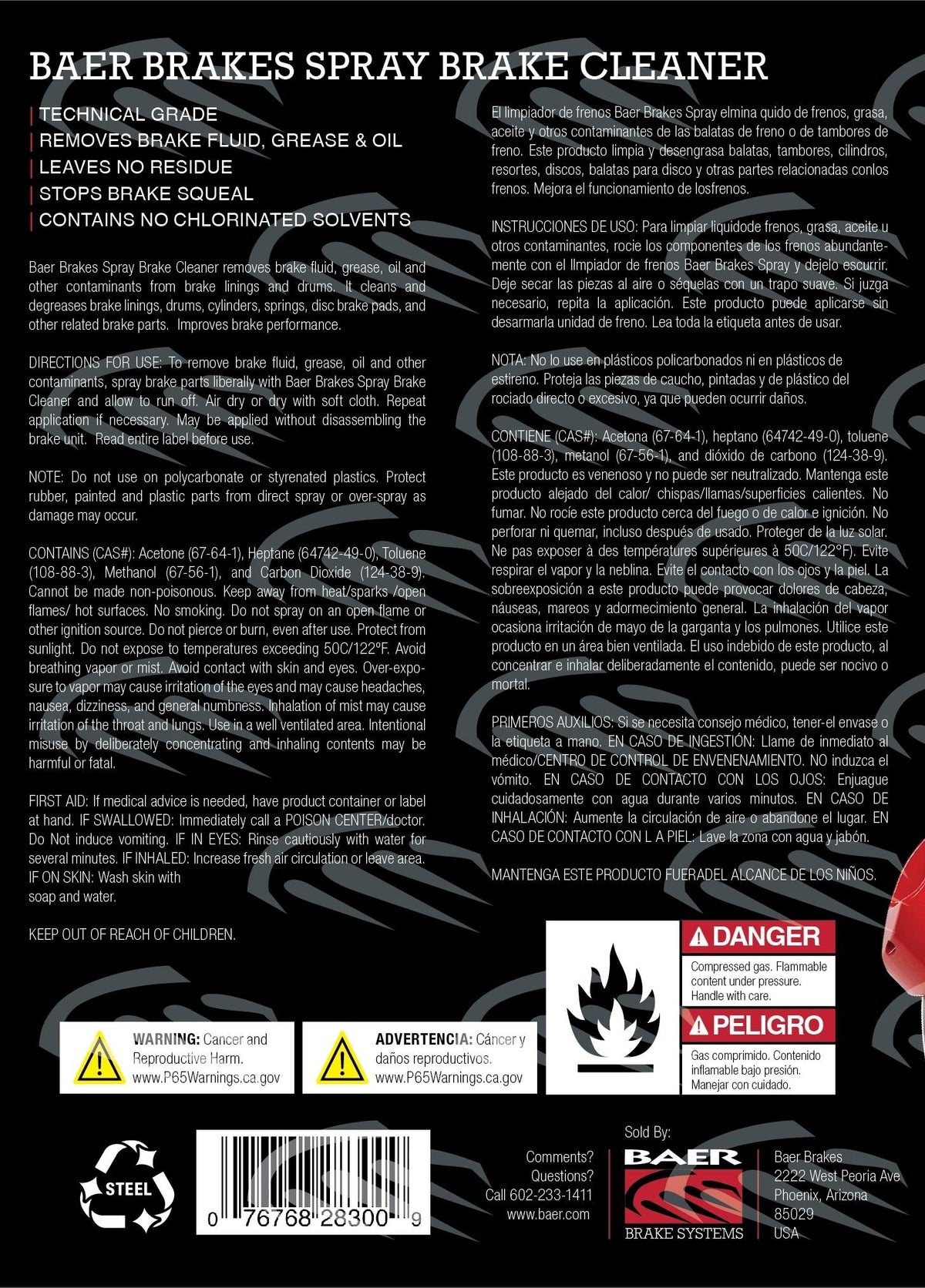 Baer Spray Brake Cleaner Non-Chlorinated, Technical Grade, 13oz (369g) Can - 6110028