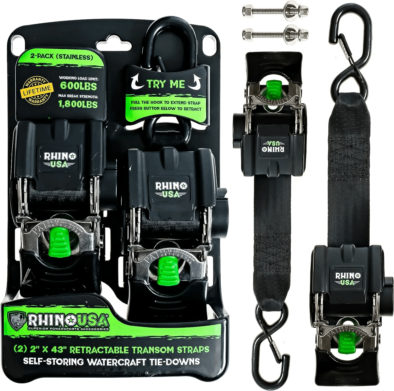 Rhino USA Rhino Usa Retractable Transom Straps (2 Pack-Stainless) - TD-MSTR2X43-STNLS