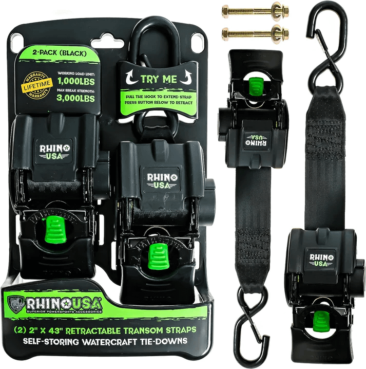 Rhino USA Rhino Usa Retractable Transom Straps (2 Pack-Black) - TD-MSTR2X43-BLK