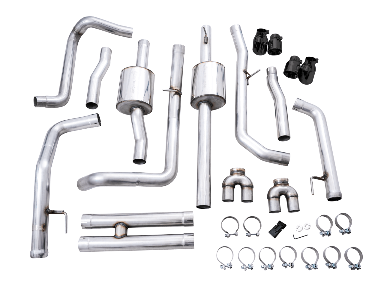 AWE 0FG Catback Split Rear Exit Exhaust for 4th Gen Silverado/Sierra 1500 6.2L (With Bumper Cutouts) - Quad Diamond Black Tips - 3015-43204