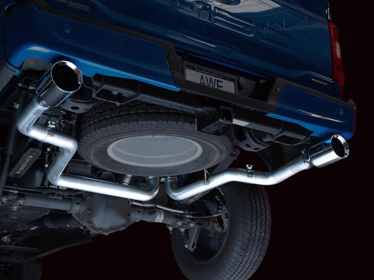 AWE 0FG 3" Dual Split Rear Catback Exhaust - 5" Chrome Silver Tips (2021-2025 F-150 2.7L / 3.5L / 5.0L) - 3015-32105