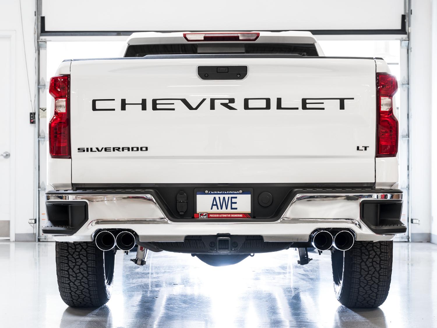 AWE 0FG Catback Split Rear Exit Exhaust for 4th Gen Silverado/Sierra 1500 5.3L (With Bumper Cutouts) - Quad Chrome Silver Tips - 3015-42201