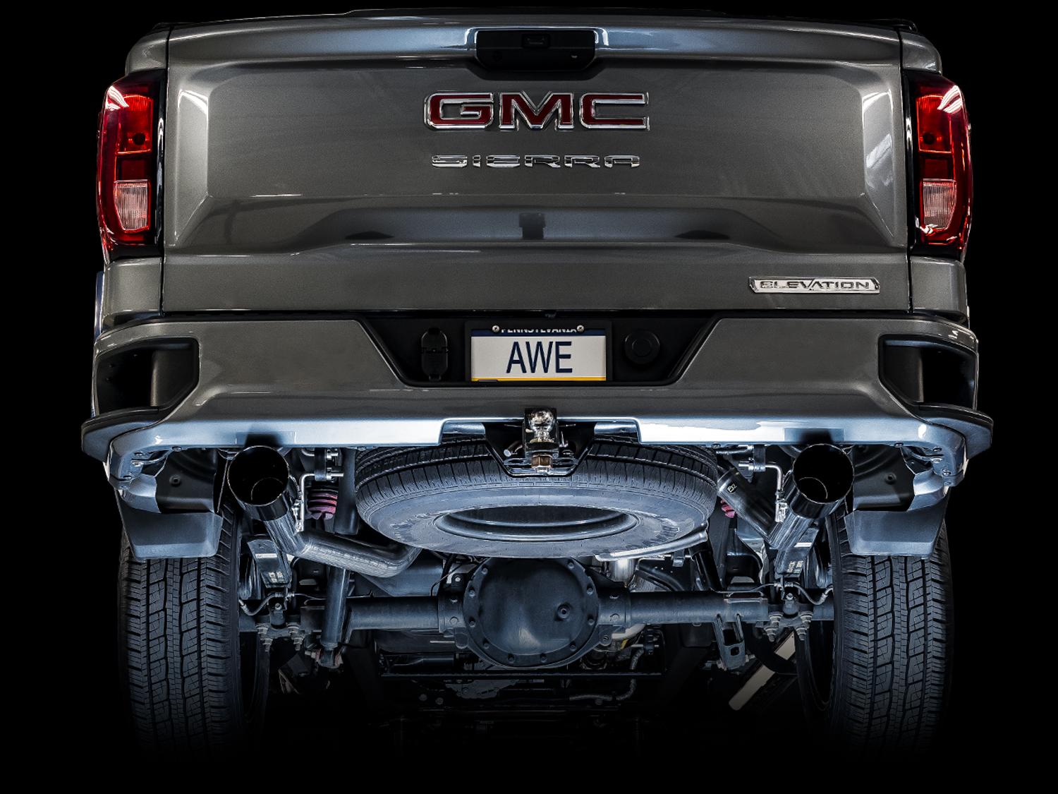 AWE 0FG Catback Split Rear Exit Exhaust for 4th Gen Silverado/Sierra 1500 5.3L (Flat Bumper) - Dual Diamond Black Tips - 3015-33206