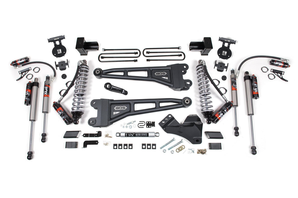 BDS Suspension 4 Inch Lift Kit w/ Radius Arm FOX 2.5 Performance Elite Coil-Over Conversion Ford F250/F350 Super Duty 17-19 4WD Diesel 5 Inch Block 2 Leaf Main FOX 2.5 Performance Elite - BDS1967FPE
