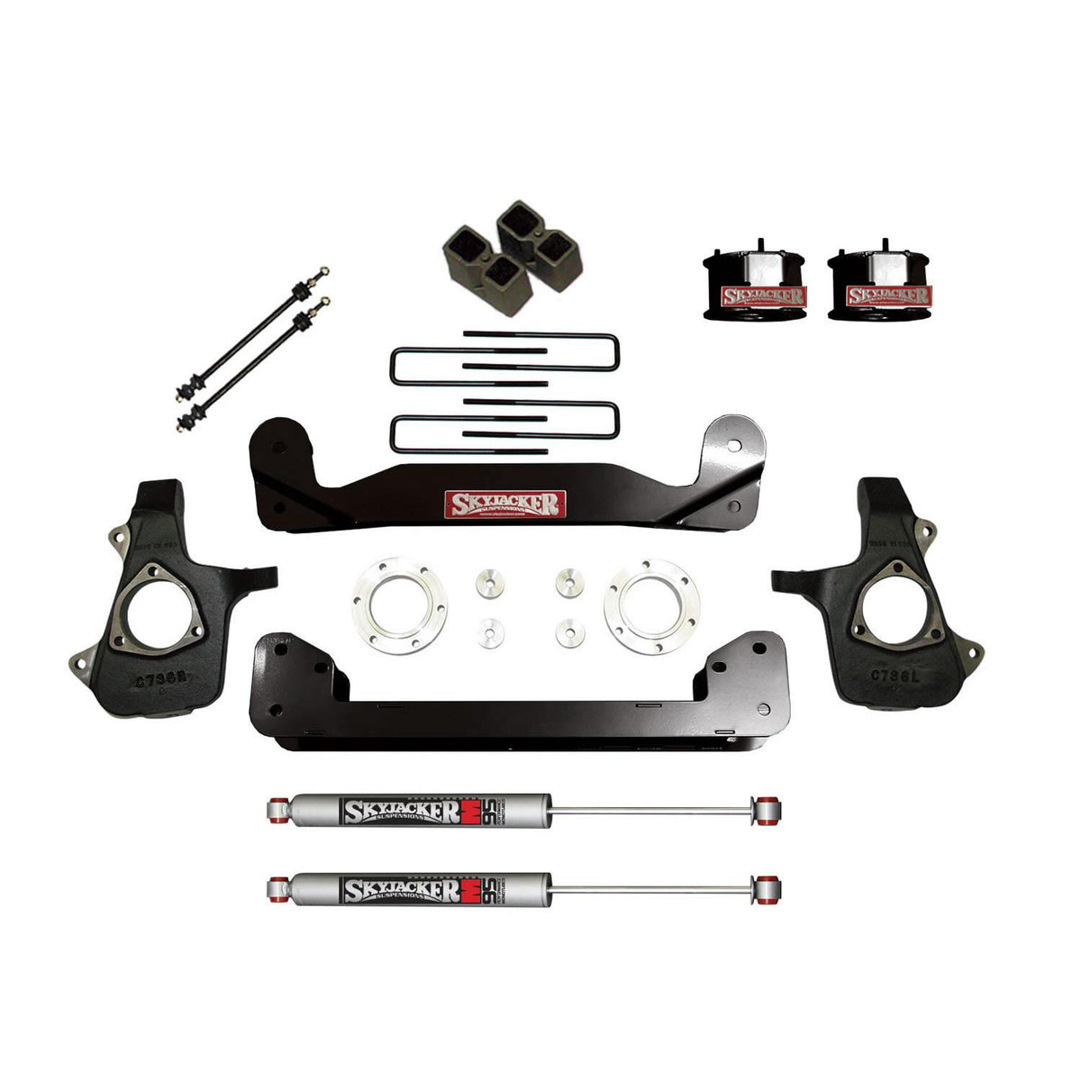Skyjacker Suspension Lift Kit 14-17 Silverado/Sierra 1500 w/Shock M95 Performance Shocks 4 Inch Lift Incl. Knuckles Crossmembers Blocks/UBolt Wheel Spacers For Use w/Steel Suspension - C14460APK-M
