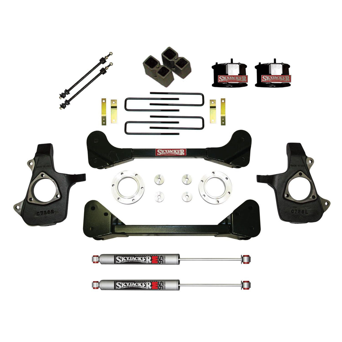 Skyjacker Suspension Lift Kit w/Shock M95 Performance Shocks 4 Inch Lift 07-13 Silverado/Sierra 1500 07 GMC Sierra 1500 Classic Incl. Knuckles Crossmembers Front Spacer Block UBolt - C7360PK-M