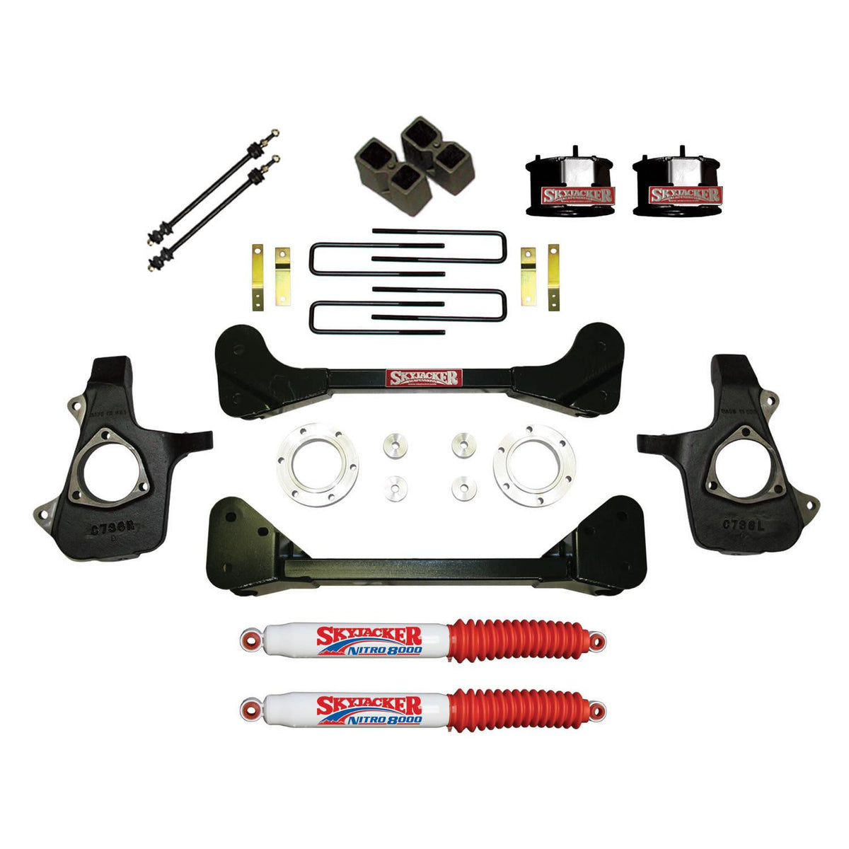 Skyjacker Suspension Lift Kit w/Shock Nitro Shocks 4 Inch Lift 07-13 Silverado/Sierra 1500 07 GMC Sierra 1500 Classic Incl. Knuckles Crossmembers Front Spacer Block UBolt - C7360PK-N