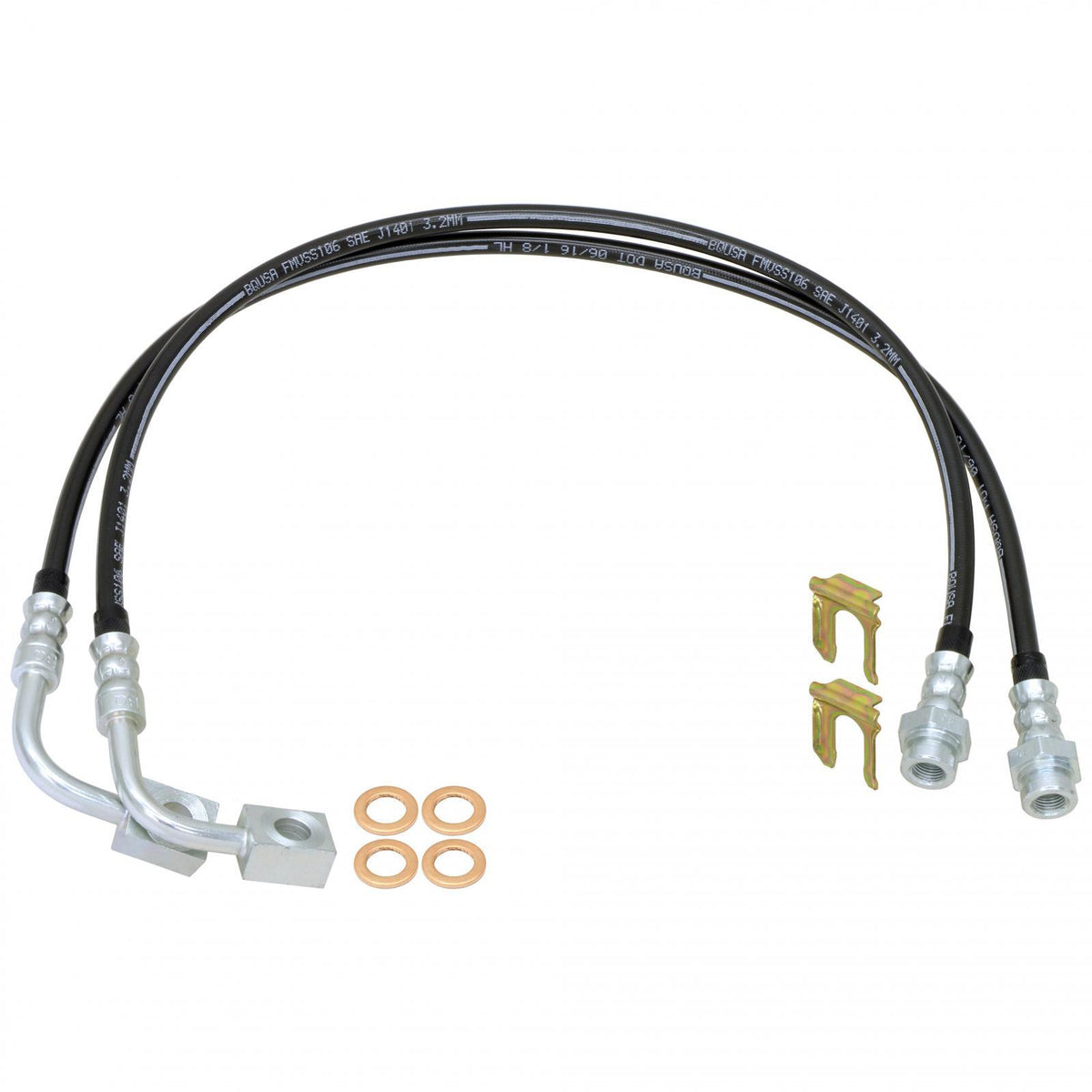 RockJock 4x4 Brake Hose Kit 07-18 Wrangler JK Rear Includes Frame Tabs Clips Copper Washers For Use w/o Antirock System 23.5 Inch Long Pair - CE-9807RBLK