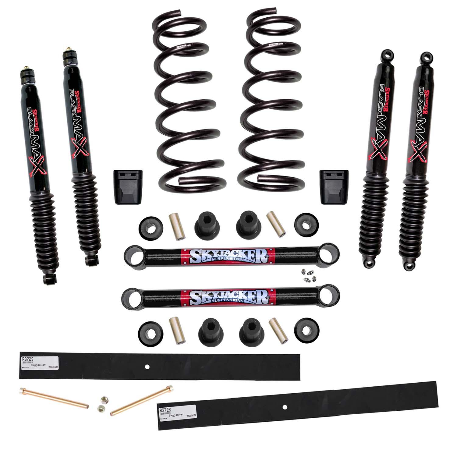 Skyjacker Suspension Lift Kit w/Shock Black MAX Shocks 2-2.5 Inch Lift Incl. Front Coil Spring Rear Add-A-Leafs Lower Links Bump Stops (1994-2002 Ram 2500, Ram 3500) - D2512K-B