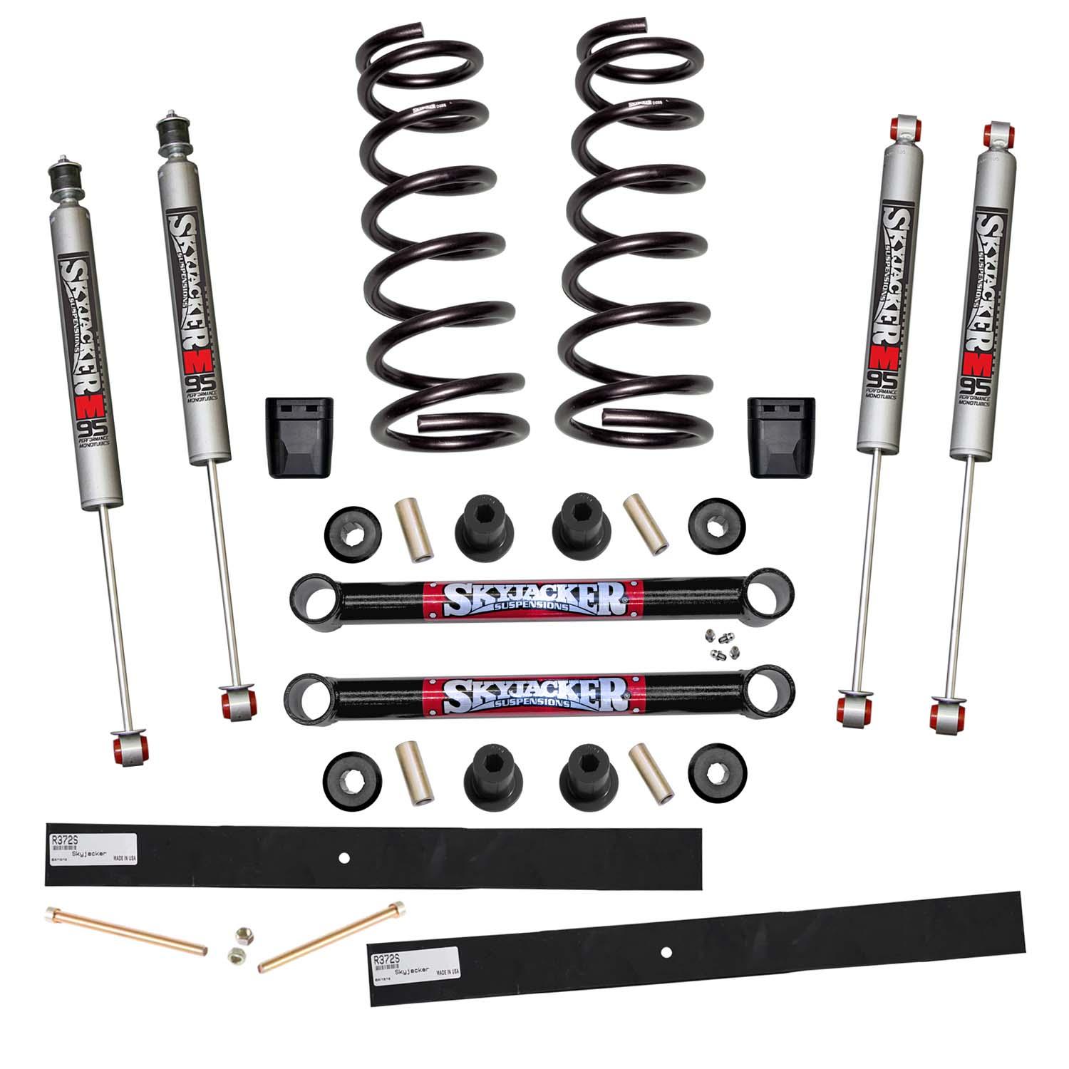 Skyjacker Suspension Lift Kit w/Shock M95 Performance Shocks 2-2.5 Inch Lift Incl. Front Coil Springs Rear Add-A-Leafs Lower Link Bump Stops (1994-1999 Ram 2500, Ram 3500) - D251K-M