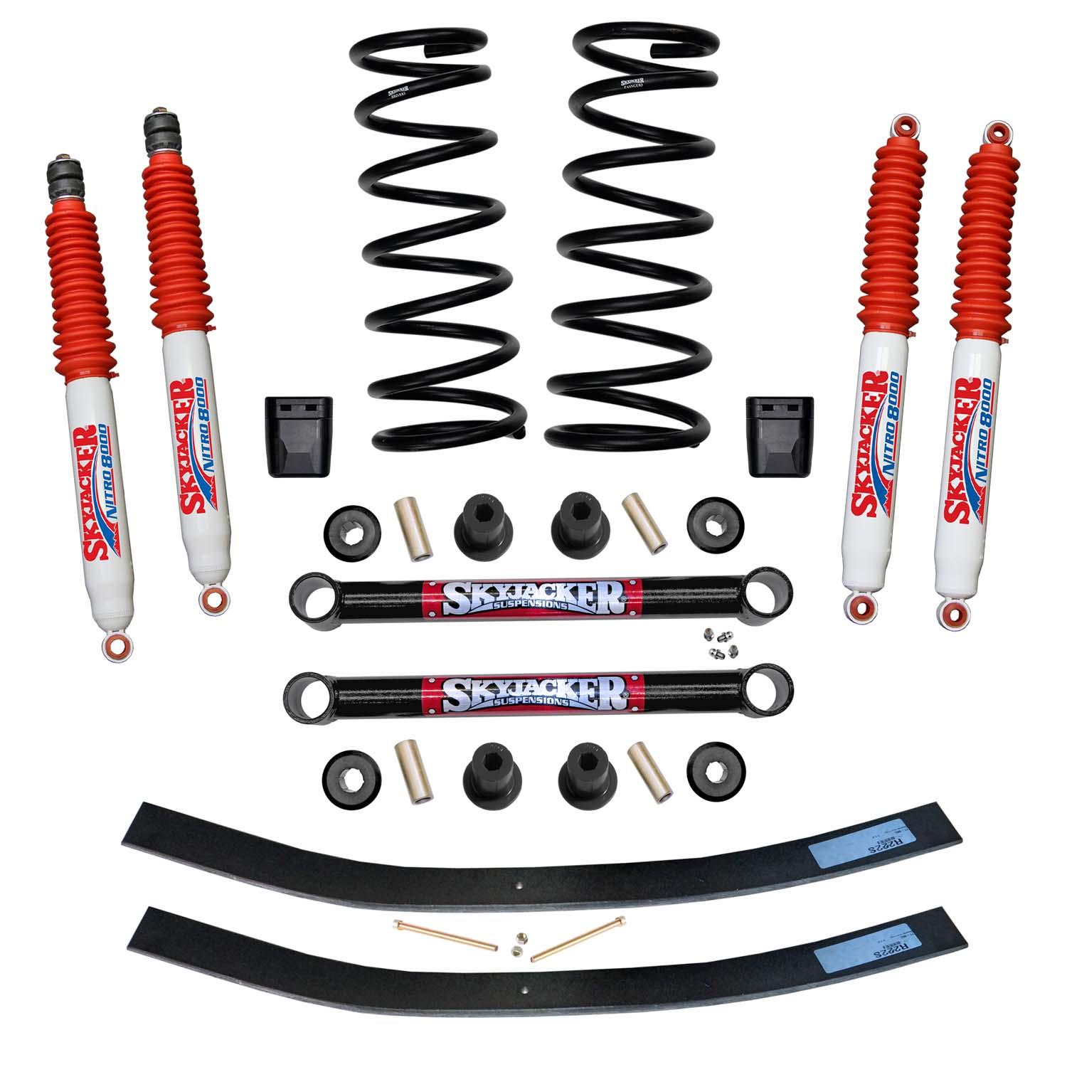 Skyjacker Suspension Lift Kit w/Shock Nitro Shocks 3 Inch Lift Incl. Front Coil Springs Rear Add-A-Leafs U Bolt Kit Lower Links Bump Stops (2000-2001 Ram 1500, Ram 2500) - D3012K-N