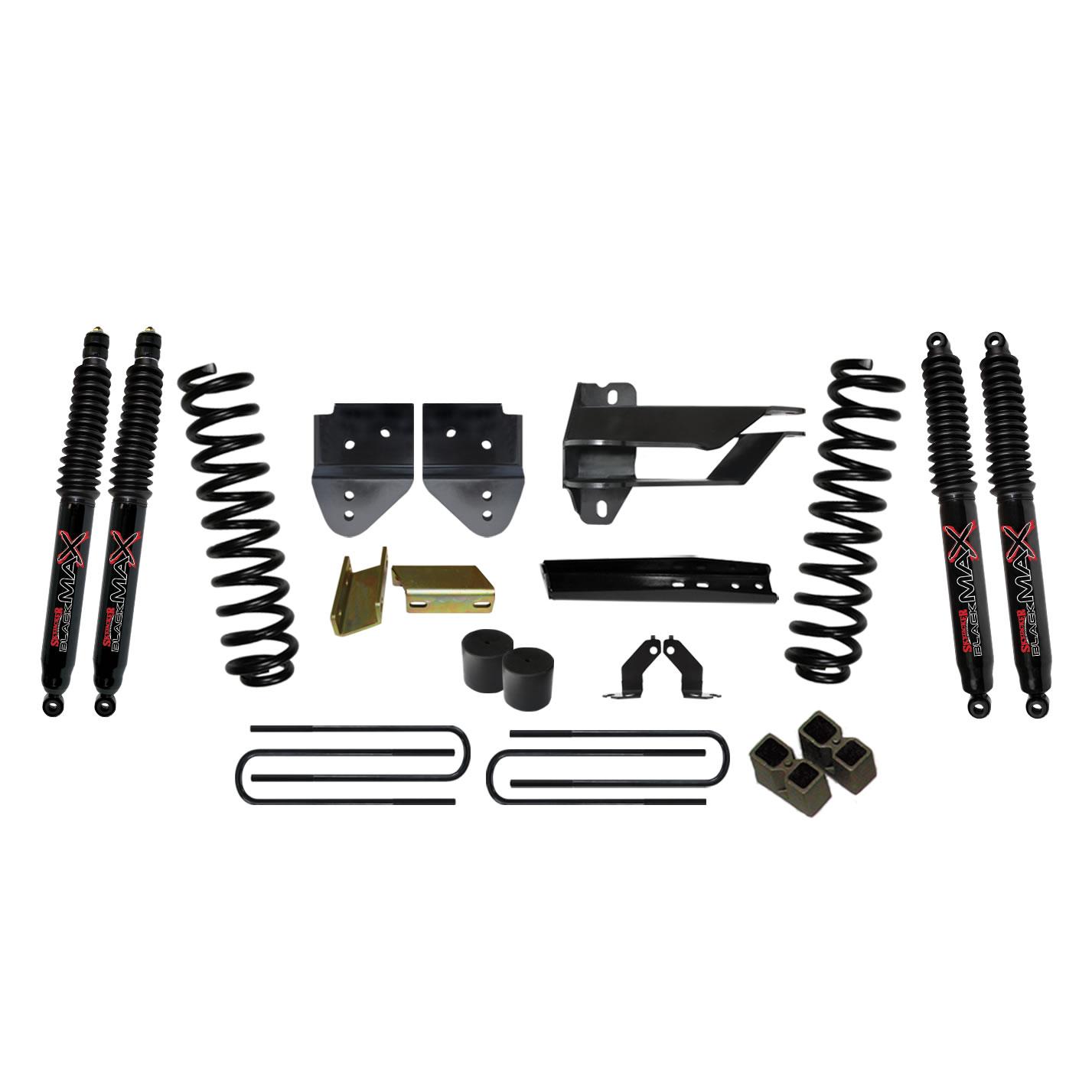 Skyjacker Lift Kit 4 Inch Lift 17-19 Ford F-250 Super Duty Includes Front Coil Springs Bump Stop Spacers Relocation Brackets Rear Lift Blocks U-Bolts Black Max 8500 Shocks - F17401K-B