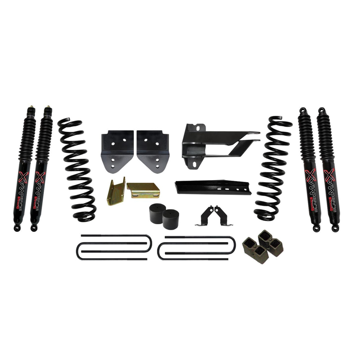 Skyjacker Lift Kit 4 Inch Lift 17-19 Ford F-350 Super Duty Includes Front Coil Springs Bump Stop Spacers Relocation Brackets Rear Lift Blocks U-Bolts Black Max 8500 Shocks - F17401K3-B