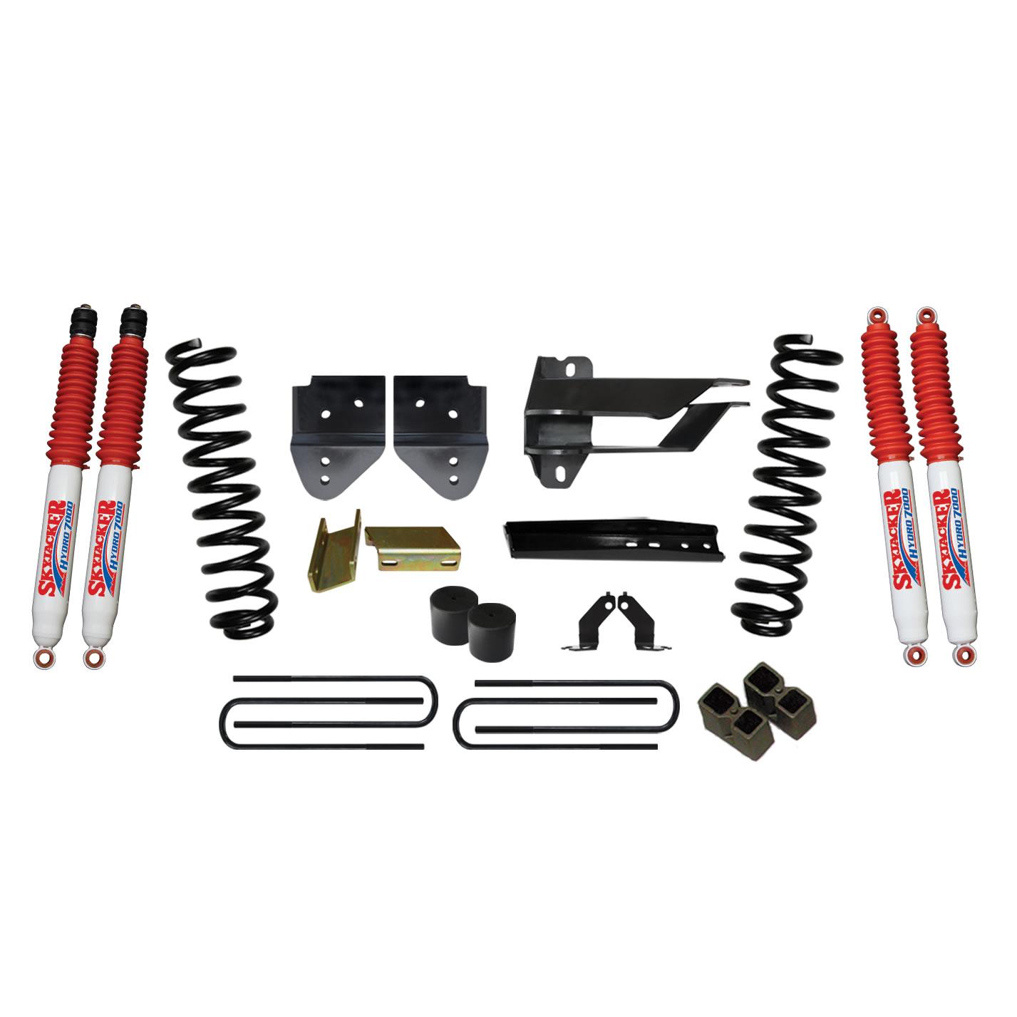 Skyjacker Lift Kit 4 Inch Lift 17-19 Ford F-350 Super Duty Includes Front Coil Springs Bump Stop Spacer Relocation Brackets Rear Lift Block U-Bolt Brake Line Extension Brackets Hydro 7000 Shock - F17401K3-H