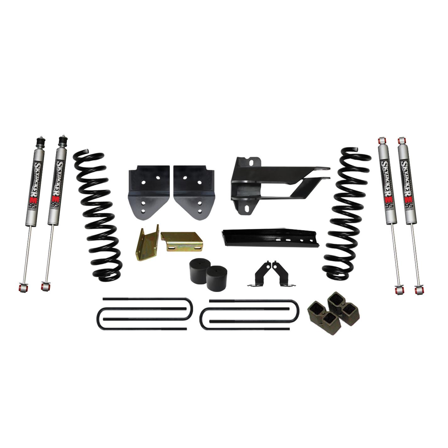 Skyjacker Lift Kit 4 Inch Lift 17-19 Ford F-350 Super Duty Includes Front Coil Springs Bump Stop Spacers Relocation Bracket Lift Blocks U-Bolts Brake Line Extension Bracket M9500 Monotube Shock - F17401K3-M