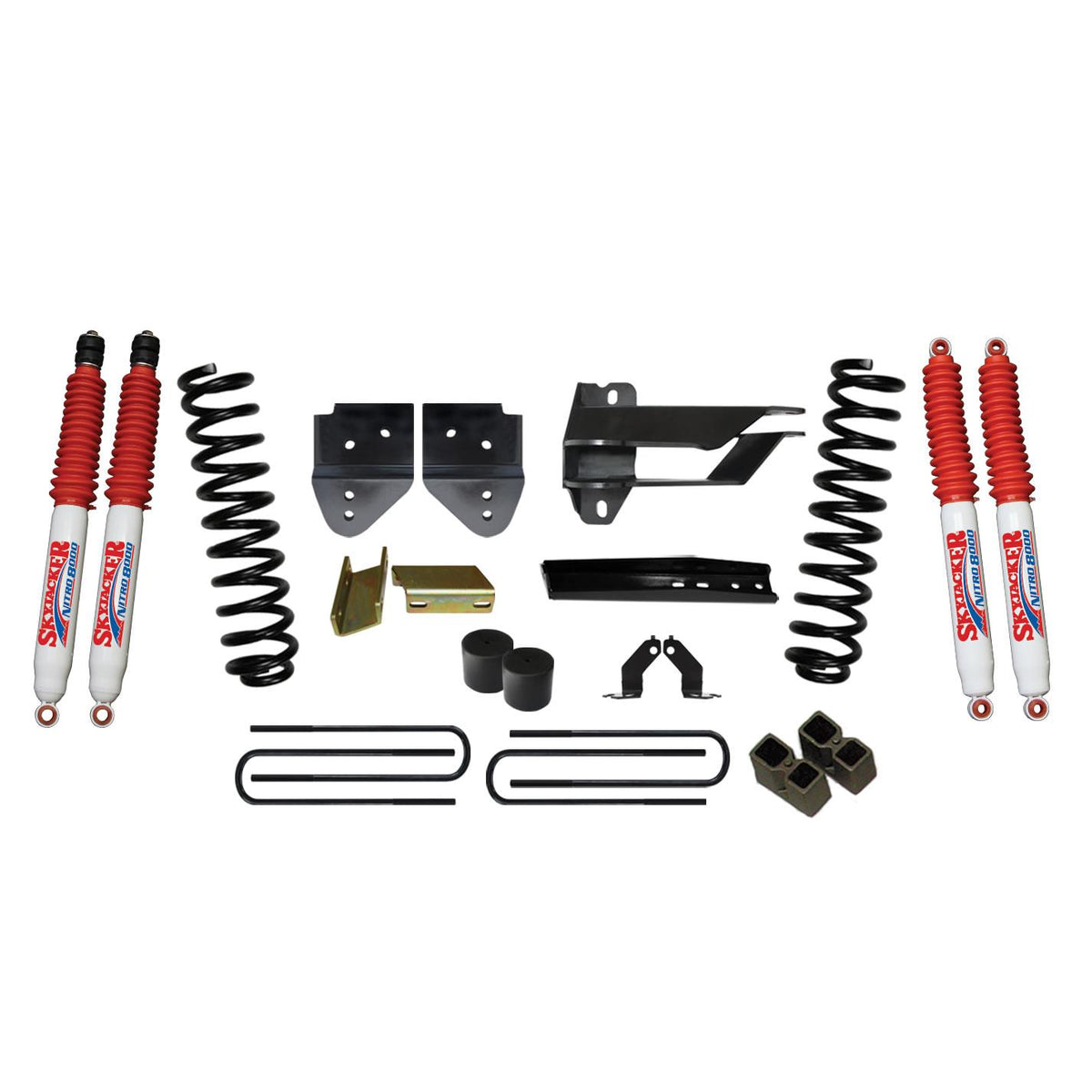 Skyjacker Lift Kit 4 Inch Lift 17-19 Ford F-350 Super Duty Includes Front Coil Springs Bump Stop Spacer Relocation Brackets Rear Lift Block U-Bolts Brake Line Extension Bracket Nitro 8000 Shock - F17401K3-N