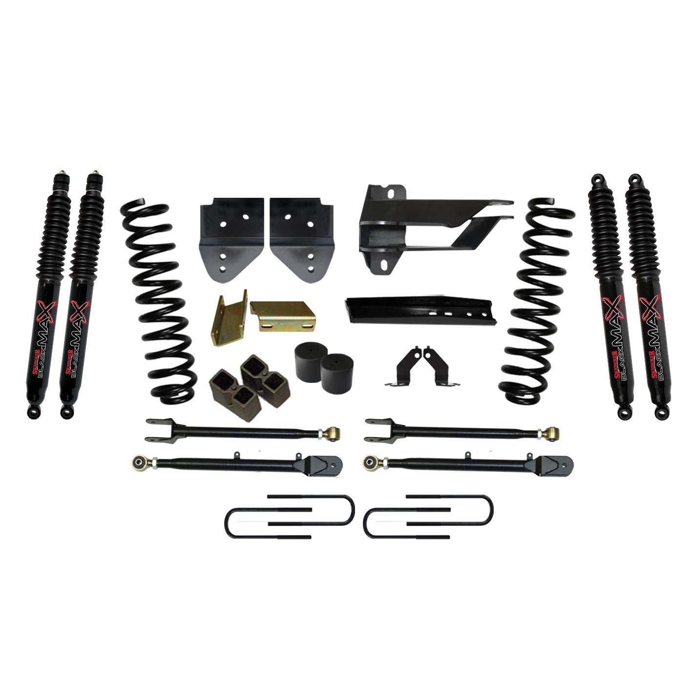 Skyjacker Lift Kit 4 Inch Lift w/Adjustable 4-Links 17-19 Ford F-250 Super Duty Includes Front Coil Springs U-Bolts Bump Stop Spacers Radius Arms Lowering Brackets Black Max Nitro 8500 Shocks - F174024K-B