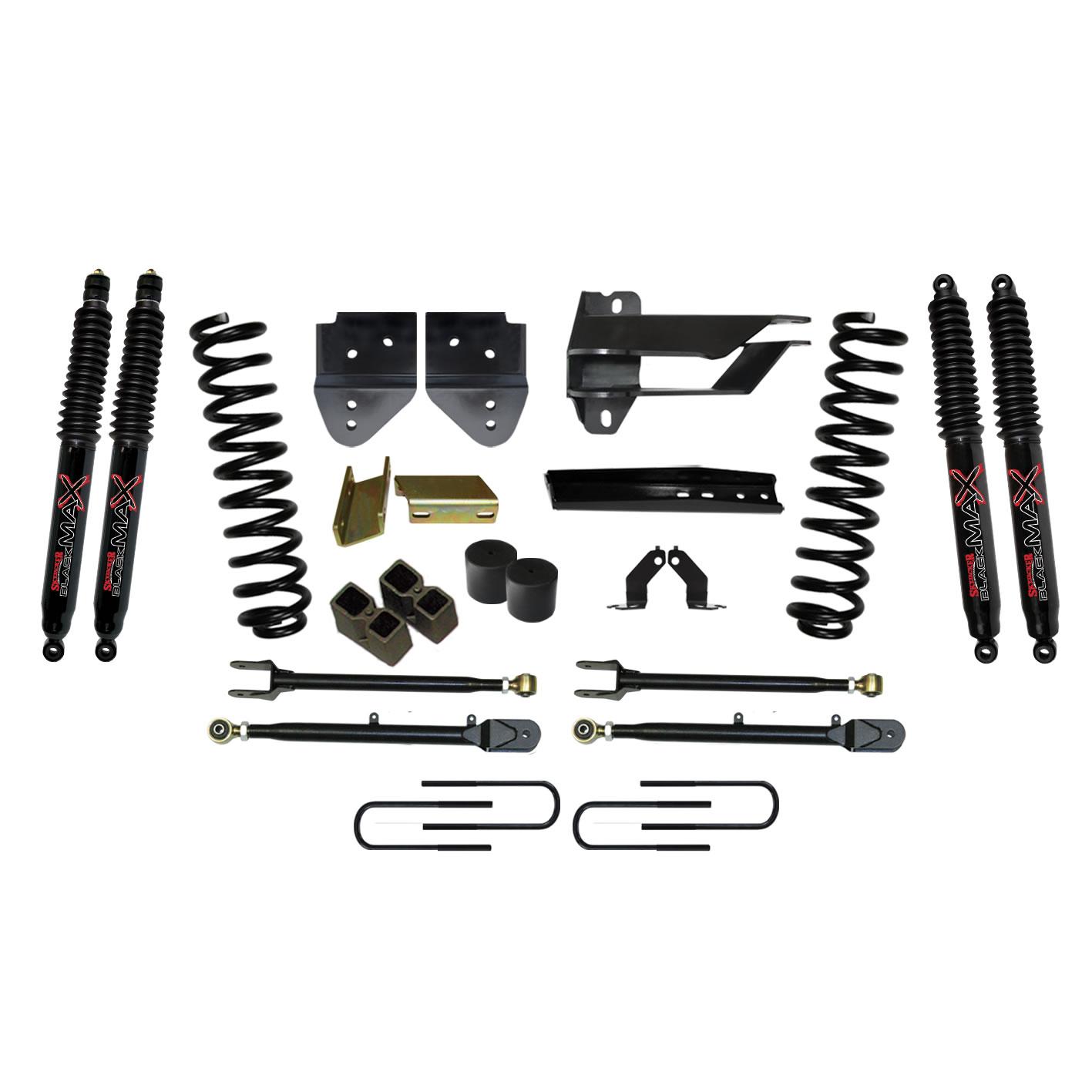 Skyjacker Lift Kit 4 Inch Lift w/Adjustable 4-Links 17-19 Ford F-350 Super Duty Includes Front Coil Springs U-Bolts Bump Stop Spacers Radius Arms Lowering Brackets Black Max 8500 Shocks - F174024K3-B