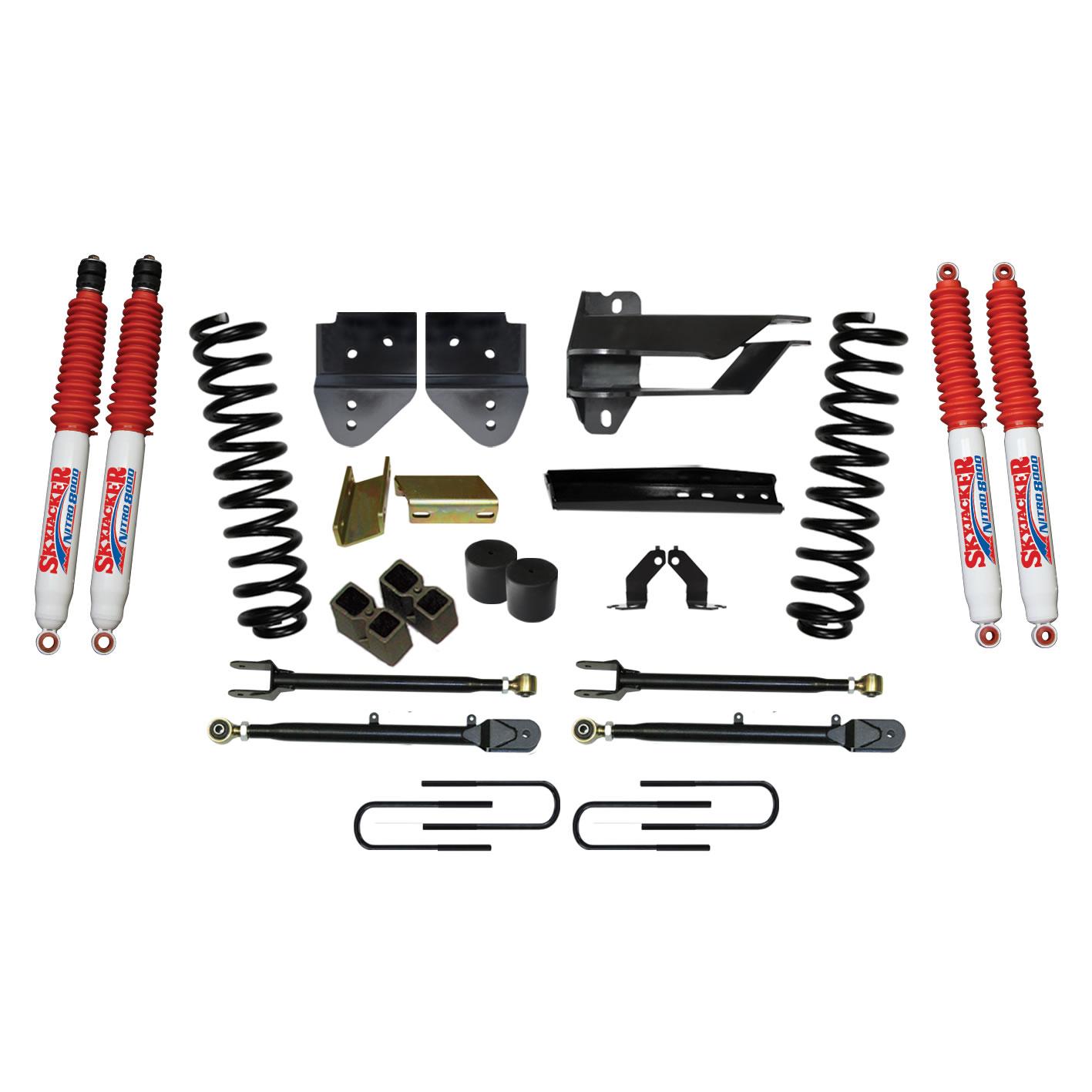 Skyjacker Lift Kit 4 Inch Lift w/Adjustable 4-Links 17-19 Ford F-350 Super Duty Includes Front Coil Springs Blocks U-Bolts Bump Stop Spacers Upper/Lower Radius Arms Nitro 8000 Shocks - F174024K3-N