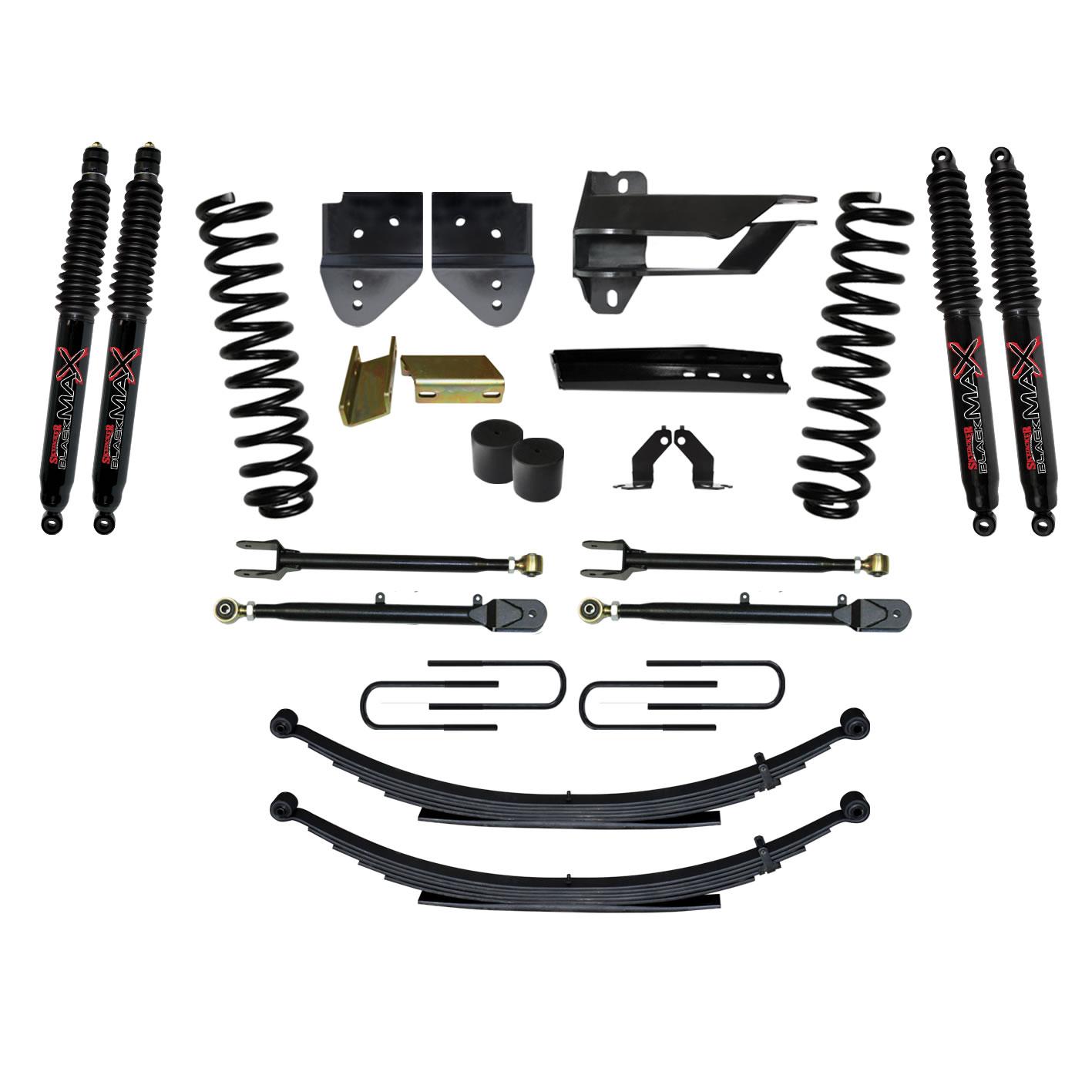 Skyjacker Suspension Lift Kit w/Shock 4 Inch Lift Incl. Front Coil Springs Rear Leaf Springs Adjustable 4-Links Black MAX 8500 Shocks 17-19 Ford F-250/ F-350 Super Duty Gas - F174024KS-B