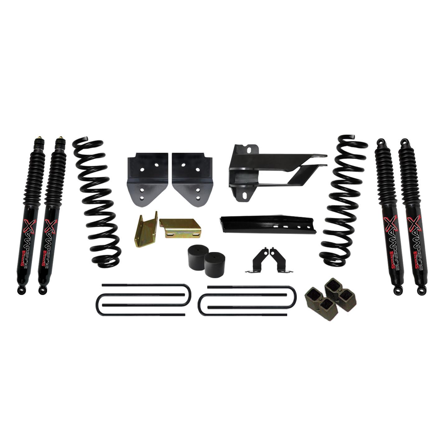 Skyjacker Suspension Lift Kit w/Shock 4 Inch Lift 17-19 Ford F-250 Super Duty Incl. Front Coil Springs Bump Stop Spacers Relocation Brackets Rear Lift Blocks U-Bolts Black Max 8500 Shocks - F17451K-B