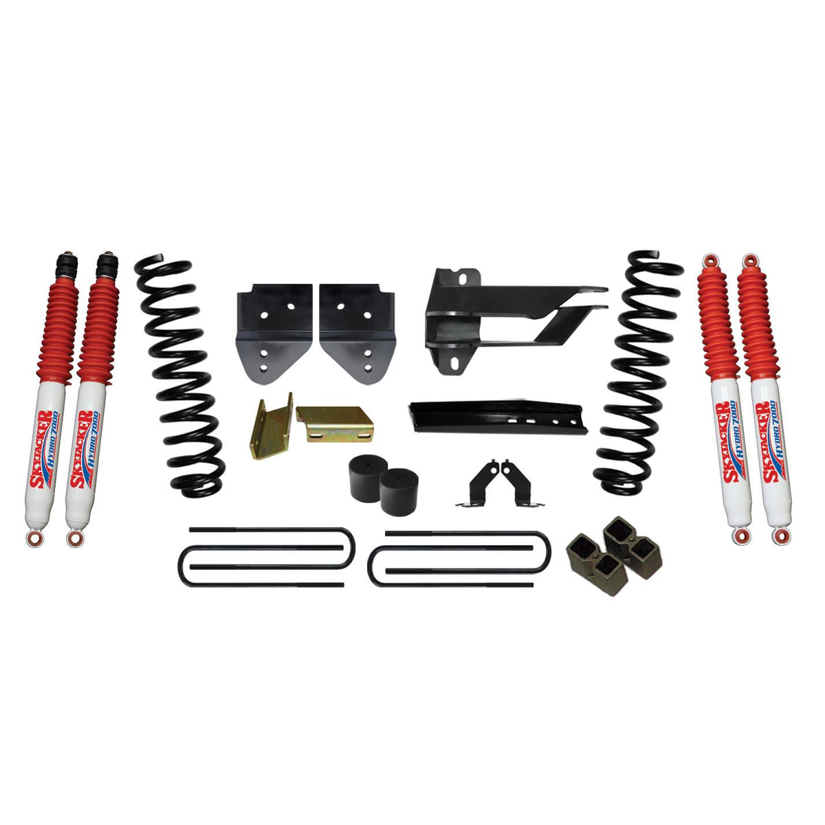 Skyjacker Suspension Lift Kit w/Shock 4 Inch Lift 17-19 Ford F-250 Super Duty Incl. Front Coil Springs Bump Stop Spacers Relocation Brackets Rear Lift Blocks U-Bolts Hydro 7000 Shocks - F17451K-H