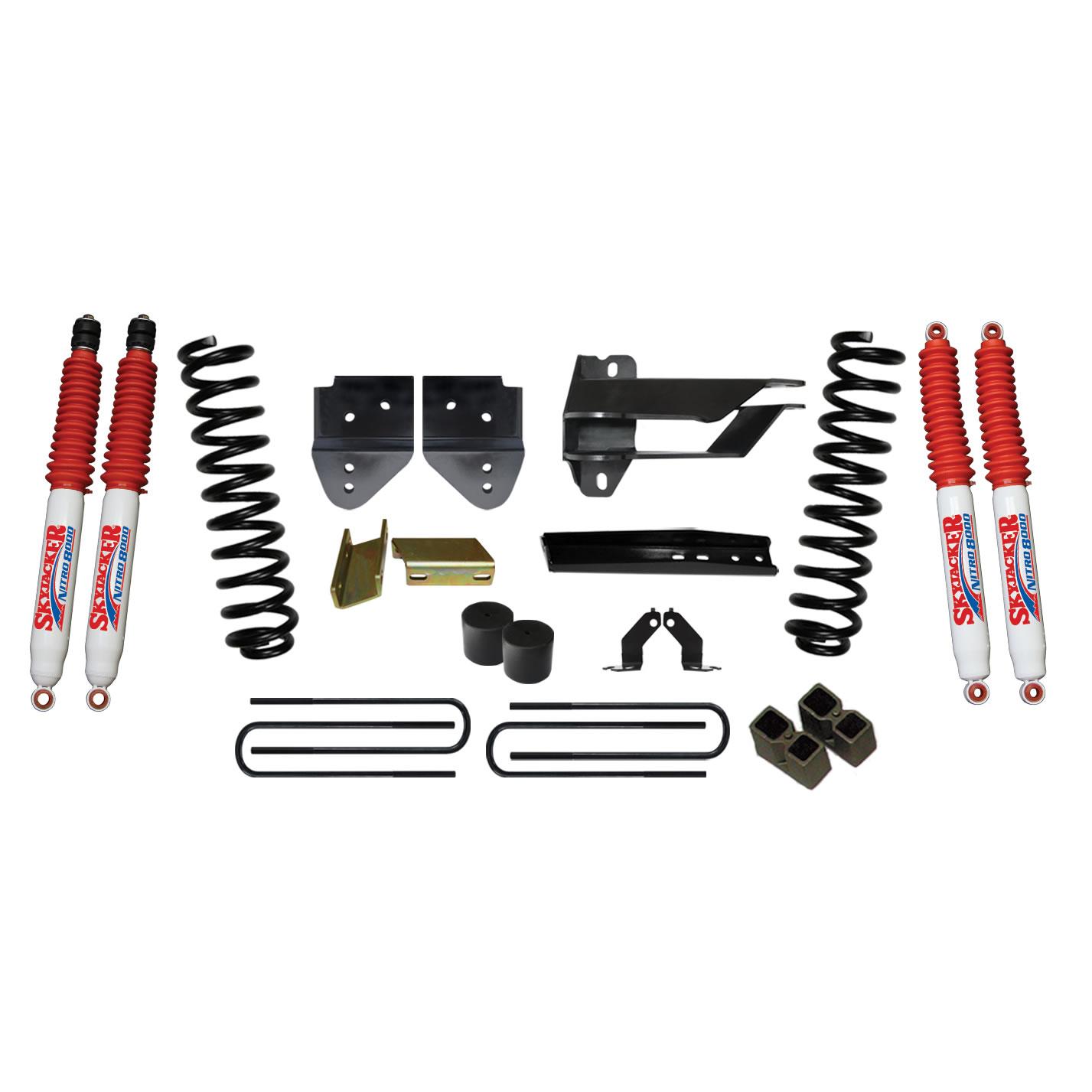 Skyjacker Suspension Lift Kit w/Shock 4 Inch Lift 17-19 Ford F-250 Super Duty Incl. Front Coil Springs Bump Stop Spacers Relocation Brackets Rear Lift Blocks U-Bolts Nitro 8000 Shocks - F17451K-N