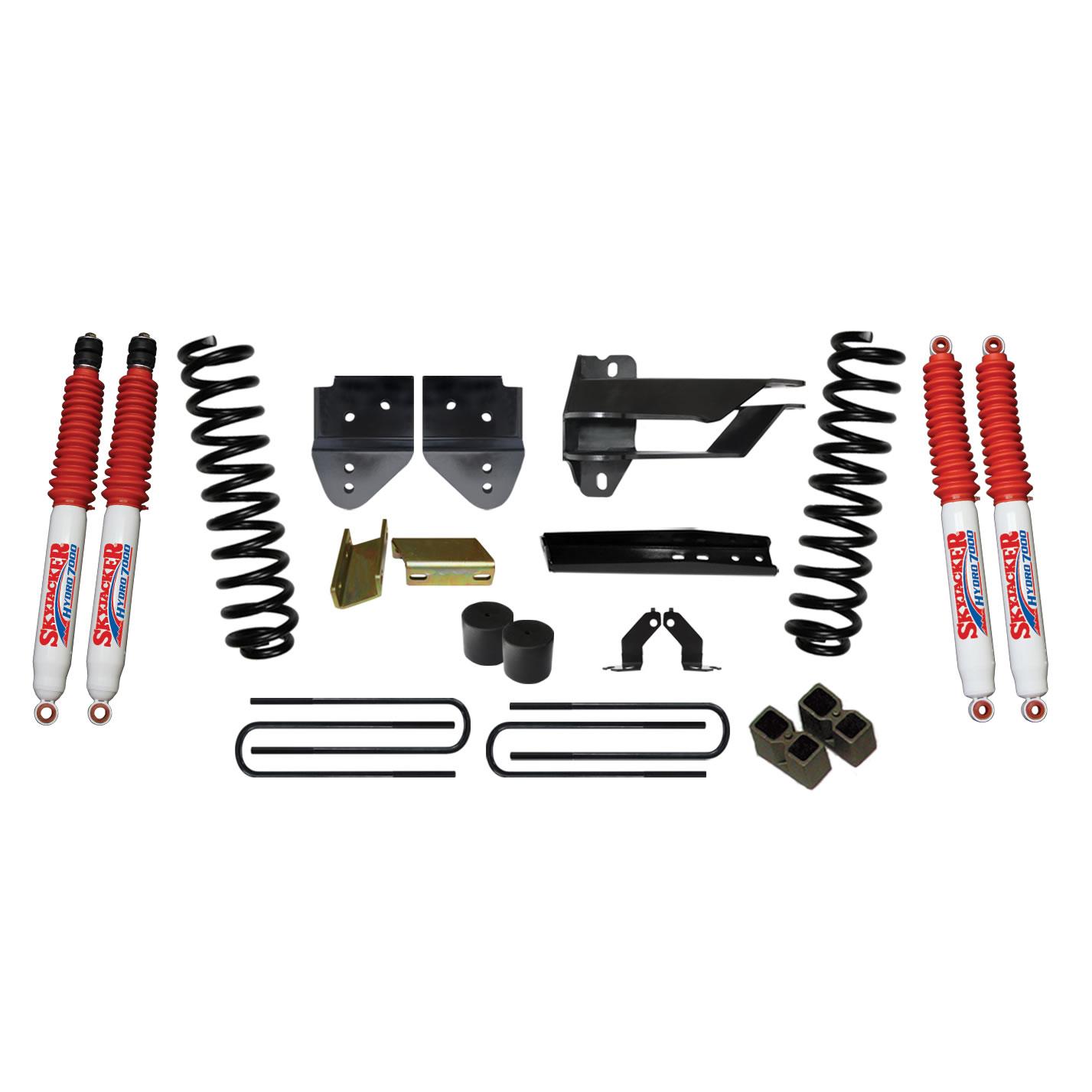 Skyjacker Suspension Lift Kit w/Shock 4 Inch Lift 17-19 Ford F-350 Super Duty Incl. Front Coil Springs Bump Stop Spacer Relocation Brackets Rear Lift Block U-Bolt Brake Line Extension Brackets Hydro 7000 Shock - F17451K3-H