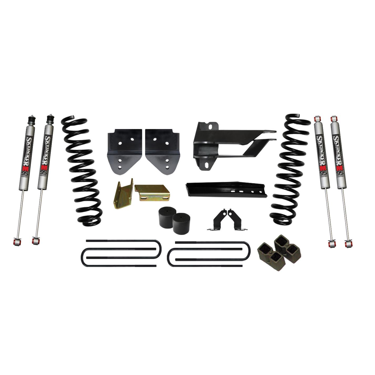 Skyjacker Suspension Lift Kit w/Shock 4 Inch Lift 17-19 Ford F-350 Super Duty Incl. Front Coil Springs Bump Stop Spacers Relocation Bracket Lift Blocks U-Bolts Brake Line Extension Bracket M9500 Monotube Shock - F17451K3-M